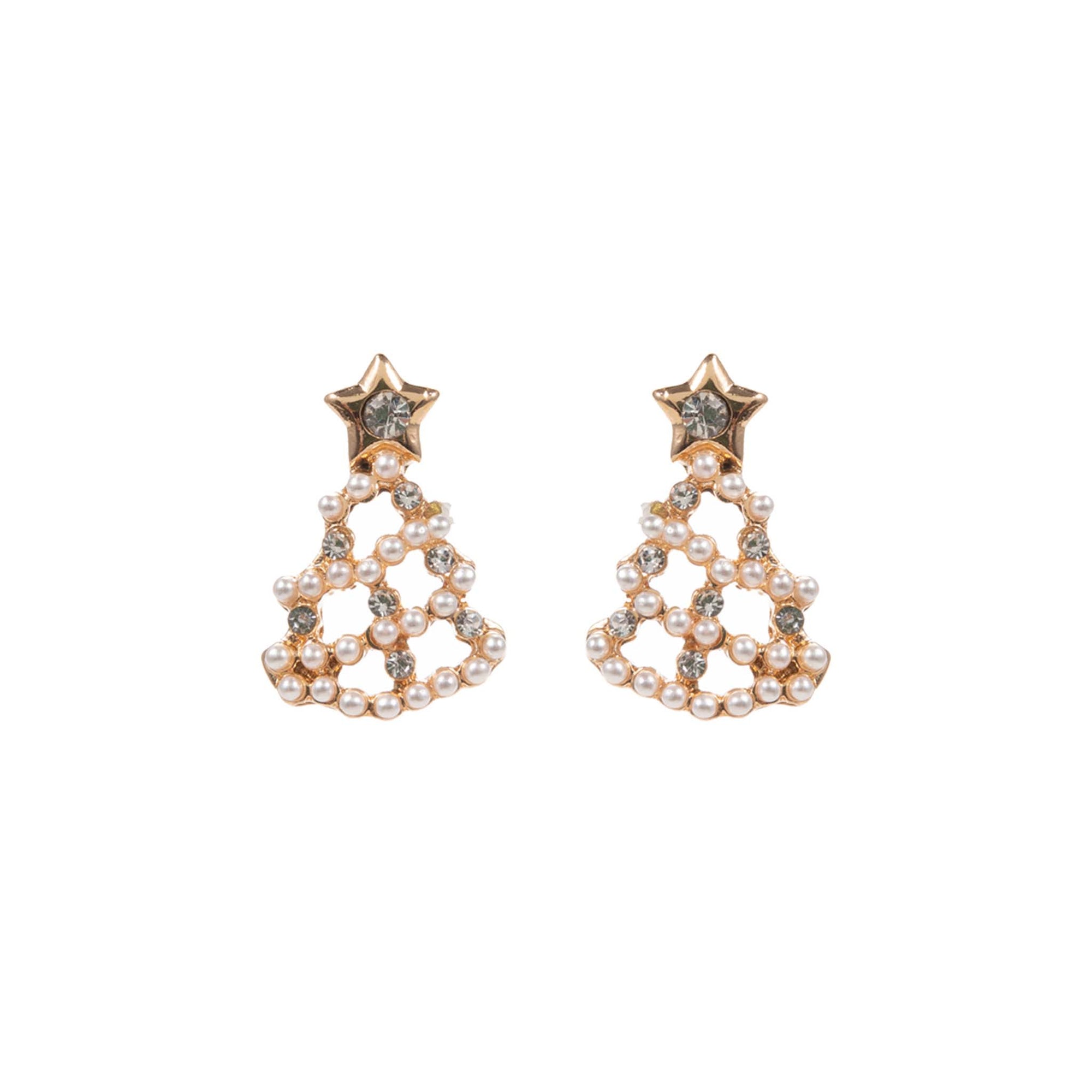Pair of earrings with star and pearl design on a white background