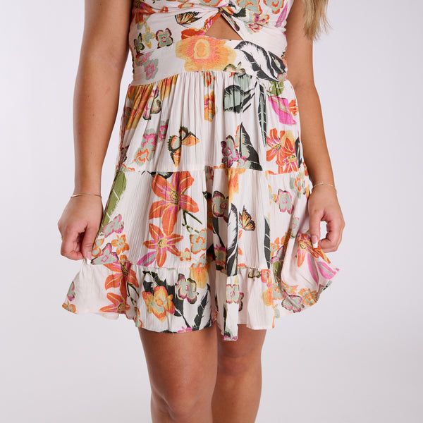Tropical Blooms Keyhole Tiered Sleeveless Dress