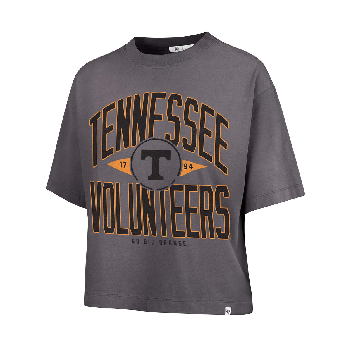 Front view of cropped black Tennessee Volunteers tee with bold “Tennessee Volunteers” text, “T” logo, and “Go Big Orange” slogan.