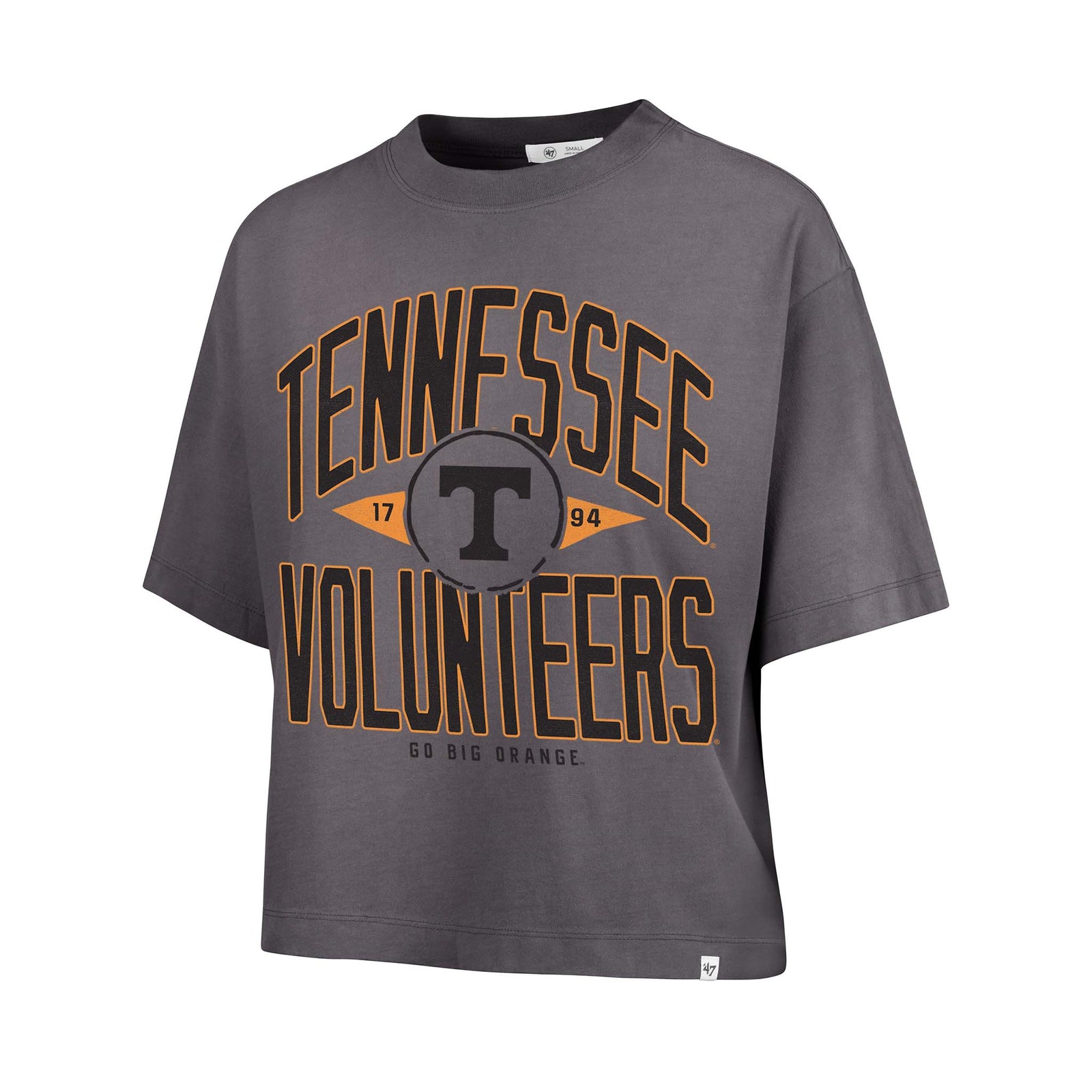 Front view of cropped black Tennessee Volunteers tee with bold “Tennessee Volunteers” text, “T” logo, and “Go Big Orange” slogan.