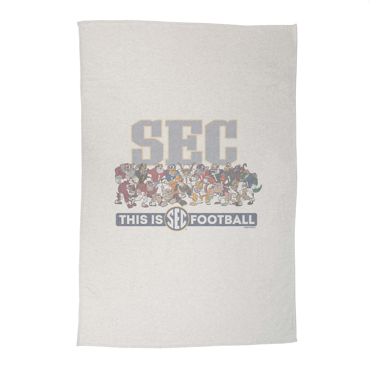 Grey fleece blanket featuring a graphic of all SEC football mascots under bold "SEC" lettering and the phrase "This is SEC Football" in navy and white.