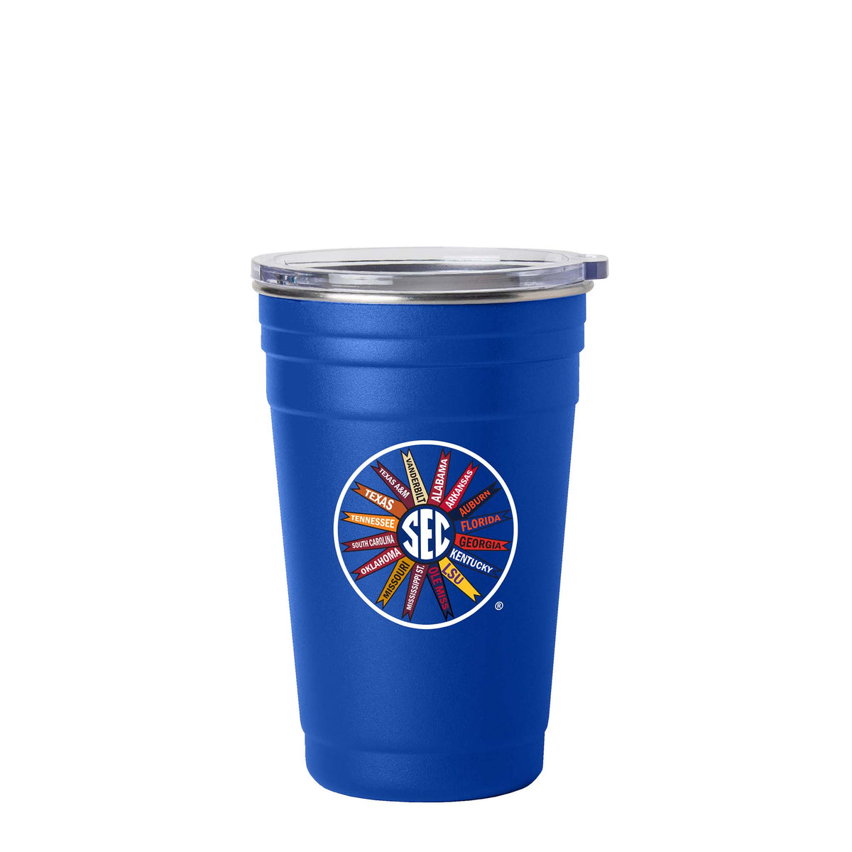 Back view of blue stainless steel solo cup with multicolored SEC wheel logo listing all member schools and clear lid.