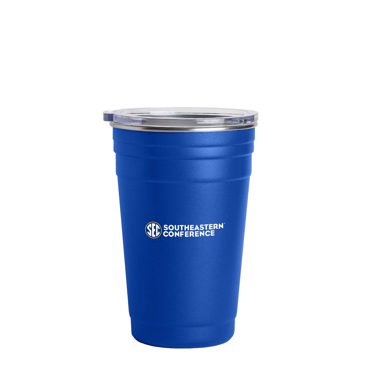 Front view of blue stainless steel solo cup with white "SEC Southeastern Conference" logo and clear lid.