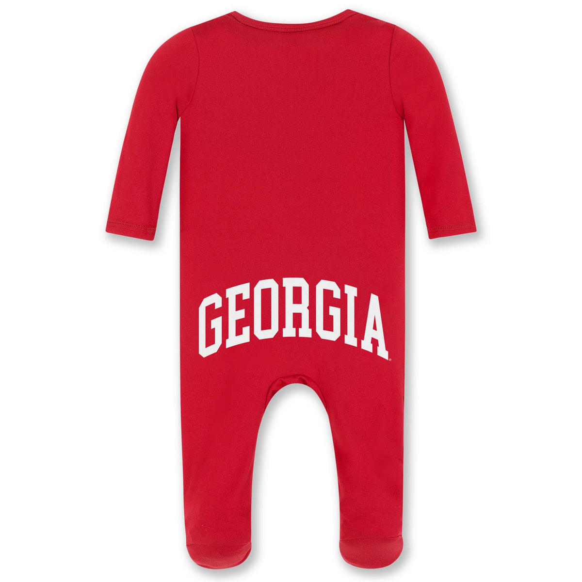 Back view of red University of Georgia infant magnetic footie with long sleeves and bold white “GEORGIA” text across the back.