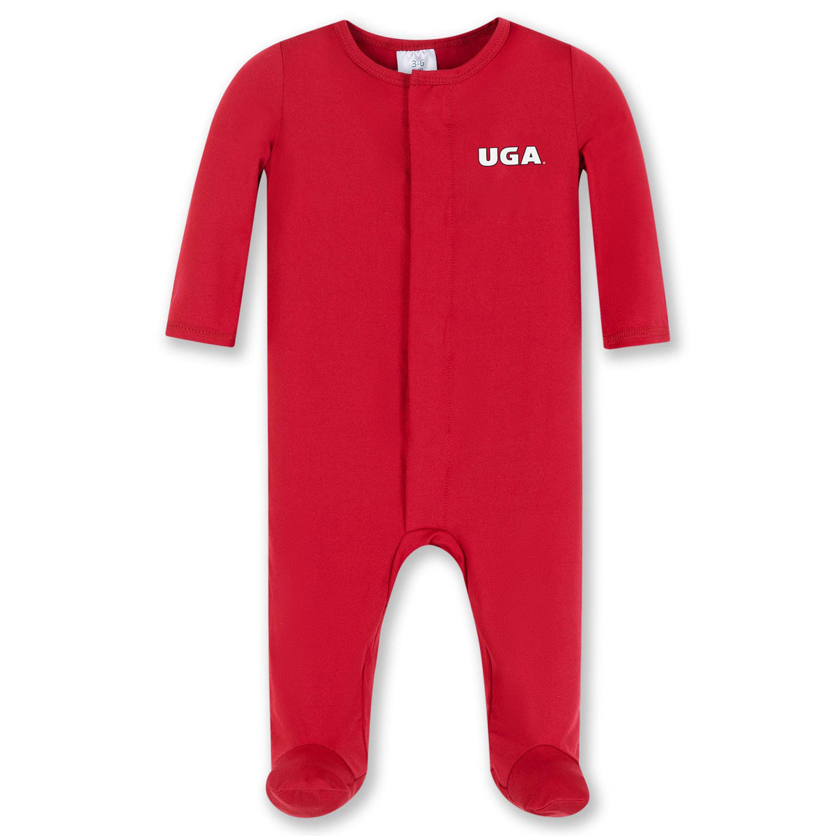 Front view of red University of Georgia infant magnetic footie with long sleeves, magnetic closure, and white “UGA” logo on chest.
