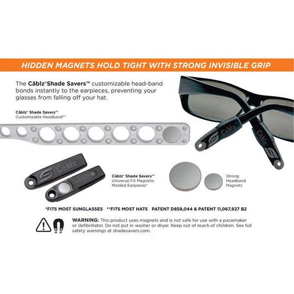 This graphic shows items included in the Cablz Shade Savers Magnetic Hatband System. 
Included: Two Magnetized silicone tips, silicone band for placing inside the hatband, strong hat band magnets for customizing to fit the wearer's head. 