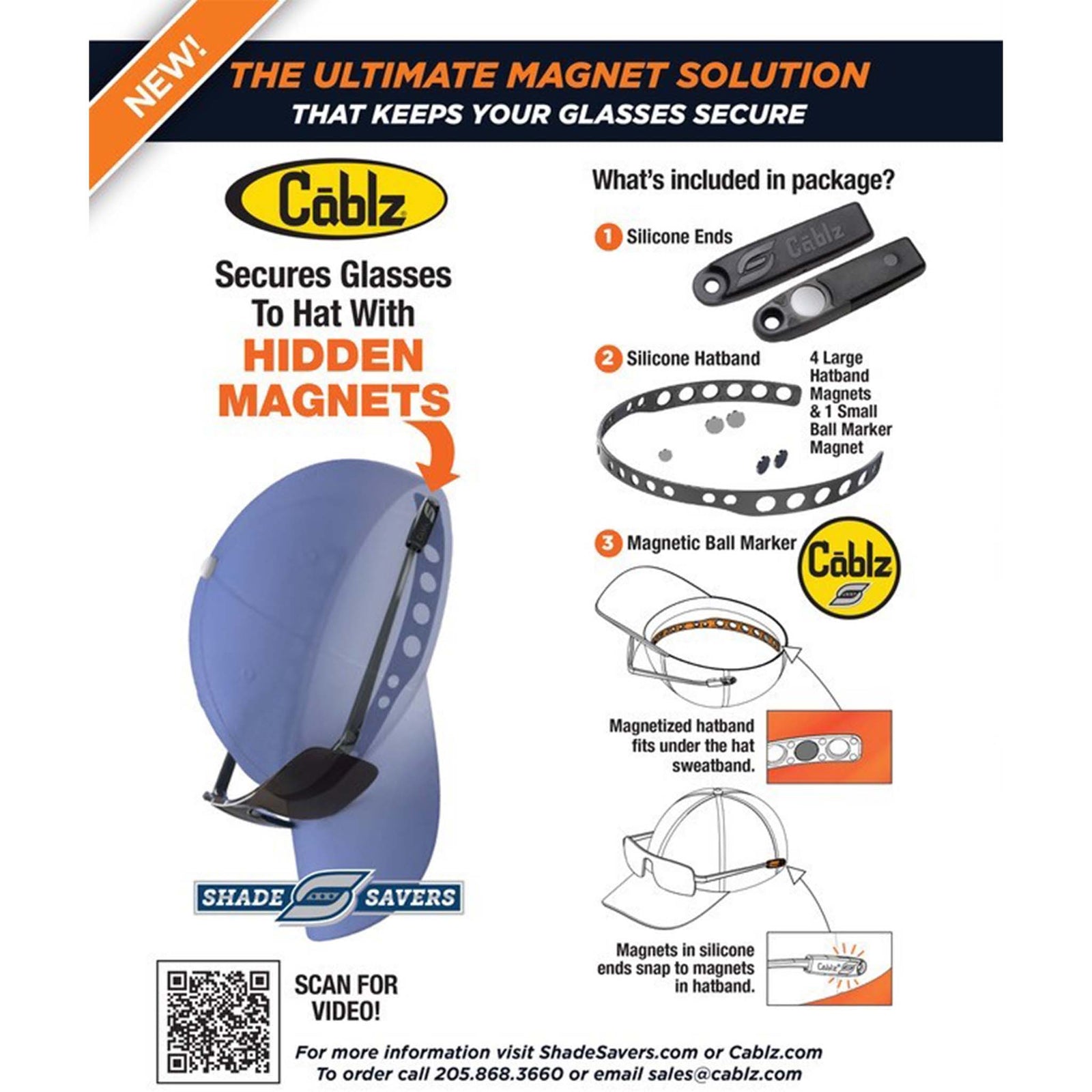Cablz Shade Savers Magnetic Hatband System - This instructional graphic shows steps to attach the new design from Cablz.  There is a silicone band that slips into the inside hatband of a hat.  The magnetized marker is placed on each side of the hat in the silicone band.  The silicone magnetized ends are slid onto the ends of the sunglasses.  When the glasses connect to the magnets in the hatband, it creates a secure connection by snapping into place.