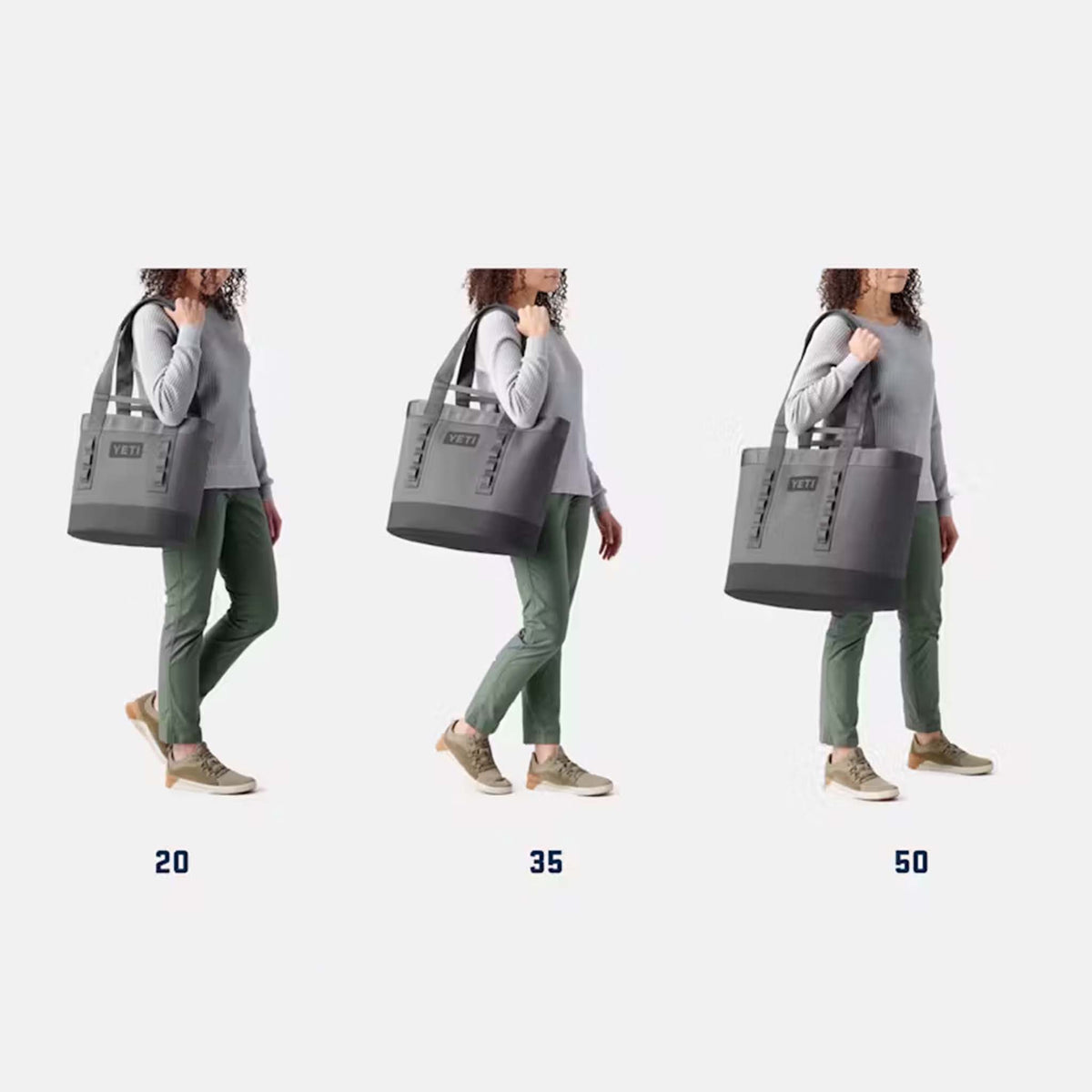 YETI Camino Carryall bags shown in three sizes—20, 35, and 50 liters—each carried over the shoulder for scale comparison.