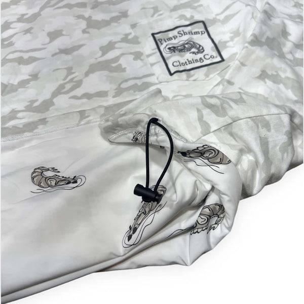 Close-up of the hem of the white camo hoodie showing an adjustable drawcord and printed shrimp graphics on the inner lining. Sizes S-XXL, 100% cotton.