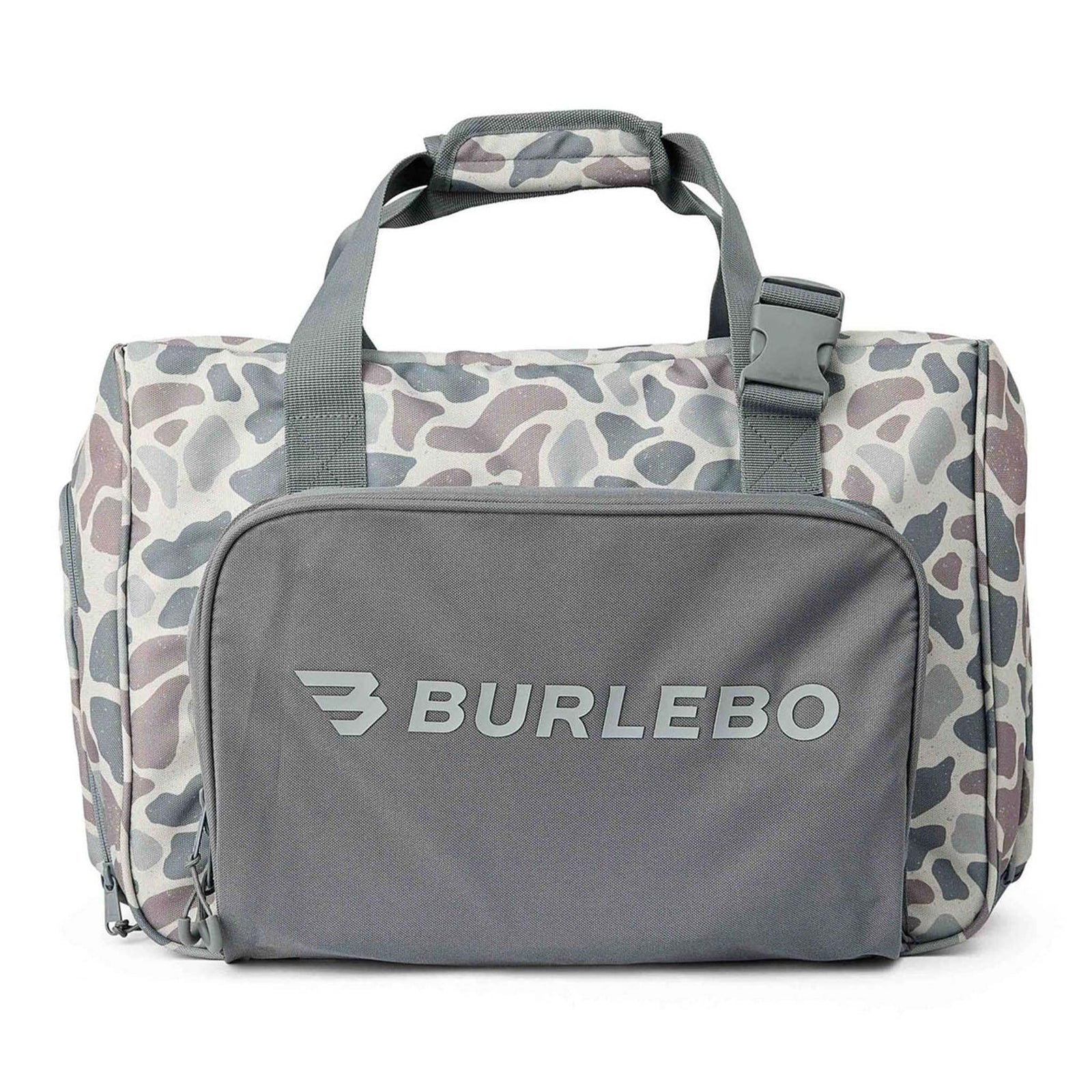 BURLEBO camo cooler bag with gray front pocket and logo, dual carry handles, and adjustable strap shown on white background.
