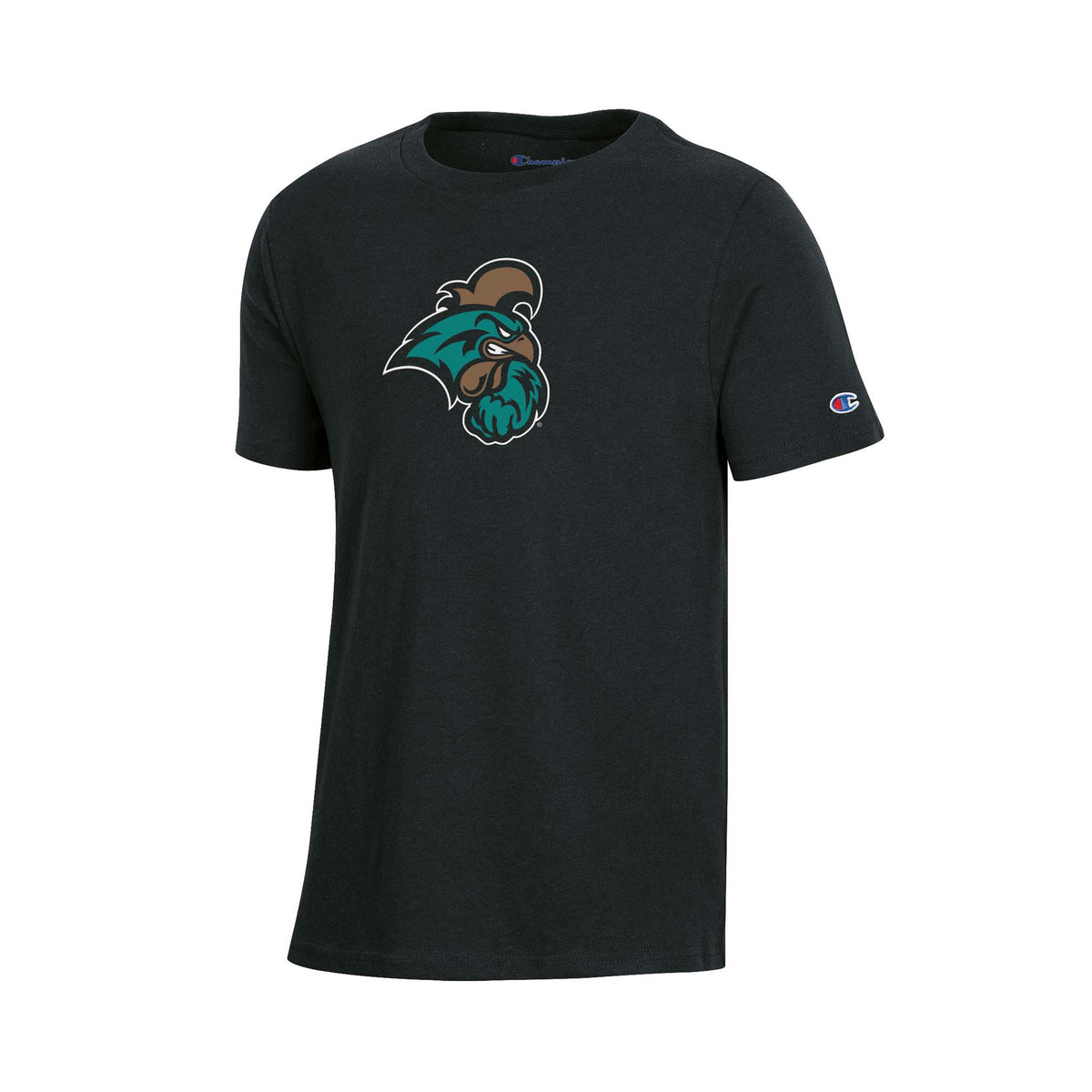 Black Champion youth t-shirt with colorful rooster mascot logo in teal and brown