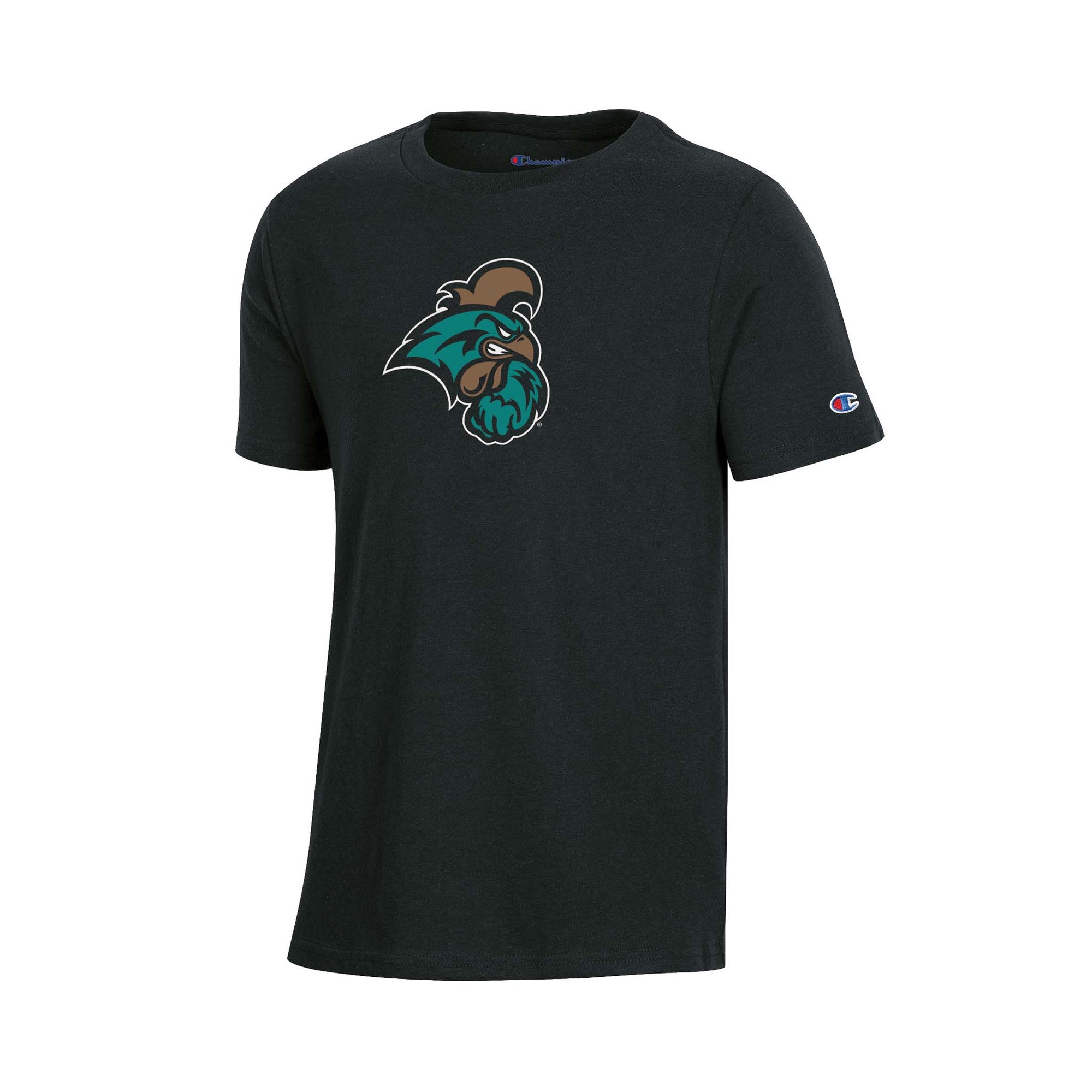 Black Champion youth t-shirt with colorful rooster mascot logo in teal and brown