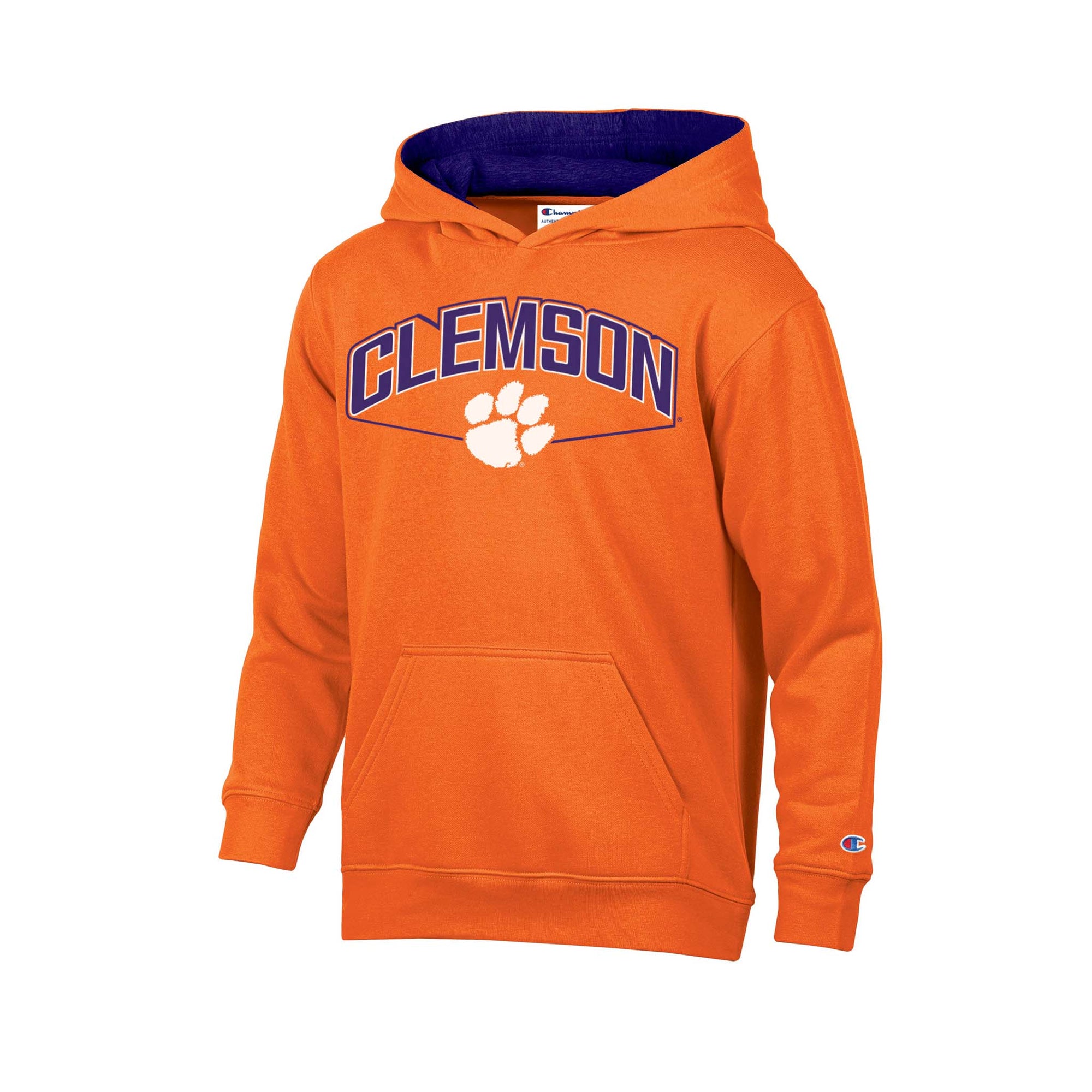 Clemson youth orange hoodie with bold “Clemson” wordmark in purple and white paw logo, featuring front pouch pocket and hood.