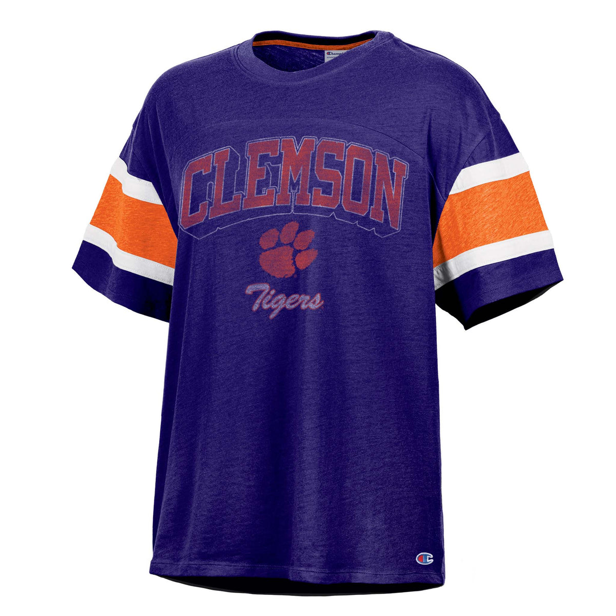 Clemson Tigers purple short sleeve t-shirt with bold “Clemson” wordmark, paw logo, “Tigers” script, and orange and white striped sleeves.