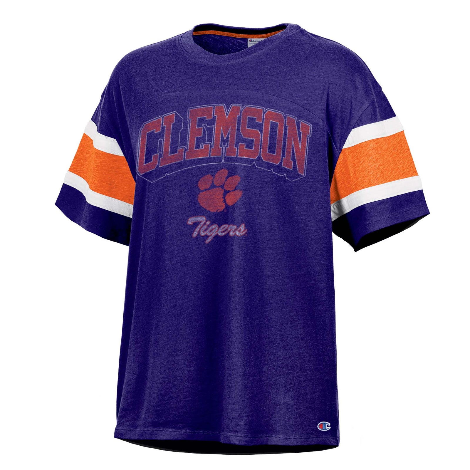 Clemson Tigers purple short sleeve t-shirt with bold “Clemson” wordmark, paw logo, “Tigers” script, and orange and white striped sleeves.