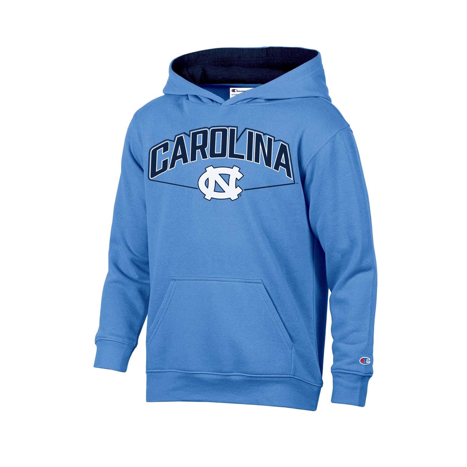 UNC youth Carolina blue hoodie with bold “Carolina” wordmark and interlock logo, featuring front pouch pocket and hood.