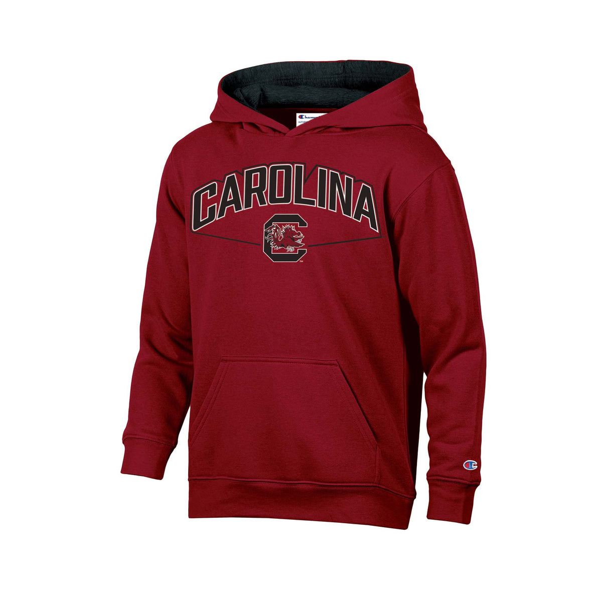 South Carolina youth garnet hoodie with bold “Carolina” wordmark and Gamecock logo, featuring front pouch pocket and hood.