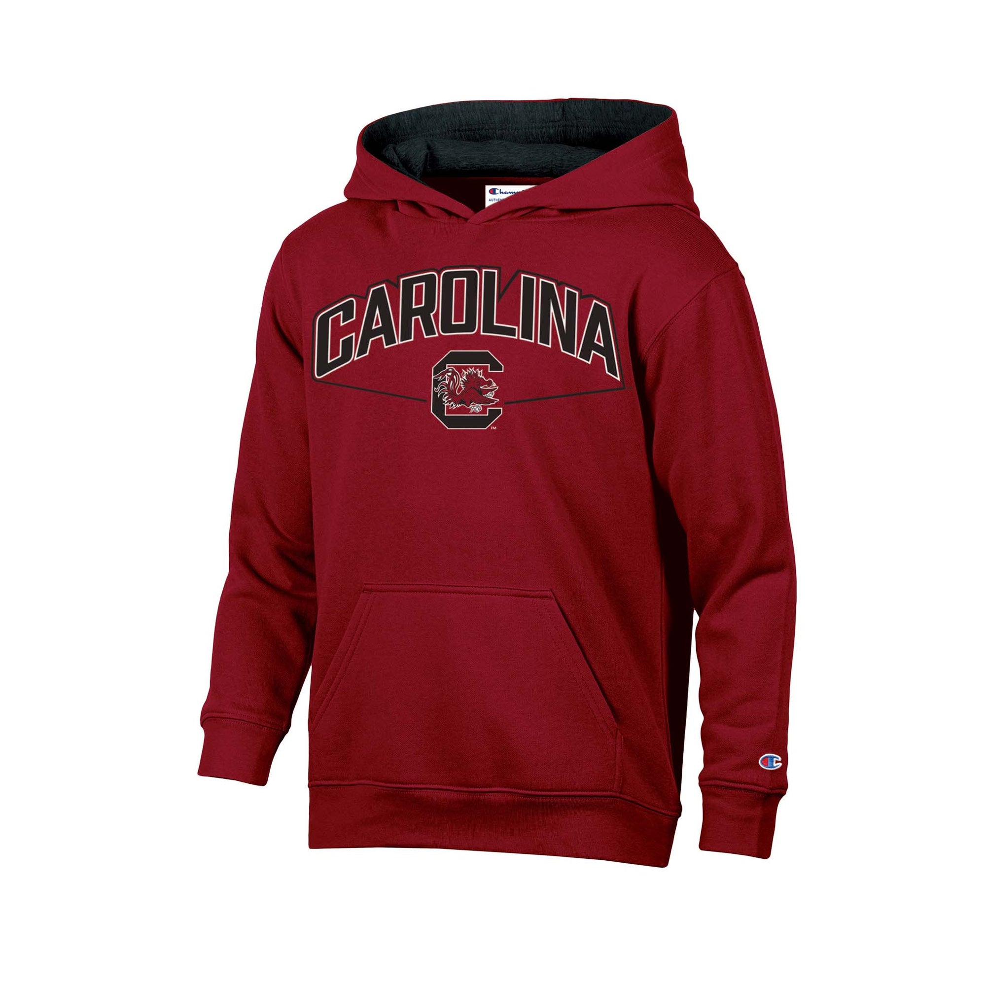South Carolina youth garnet hoodie with bold “Carolina” wordmark and Gamecock logo, featuring front pouch pocket and hood.