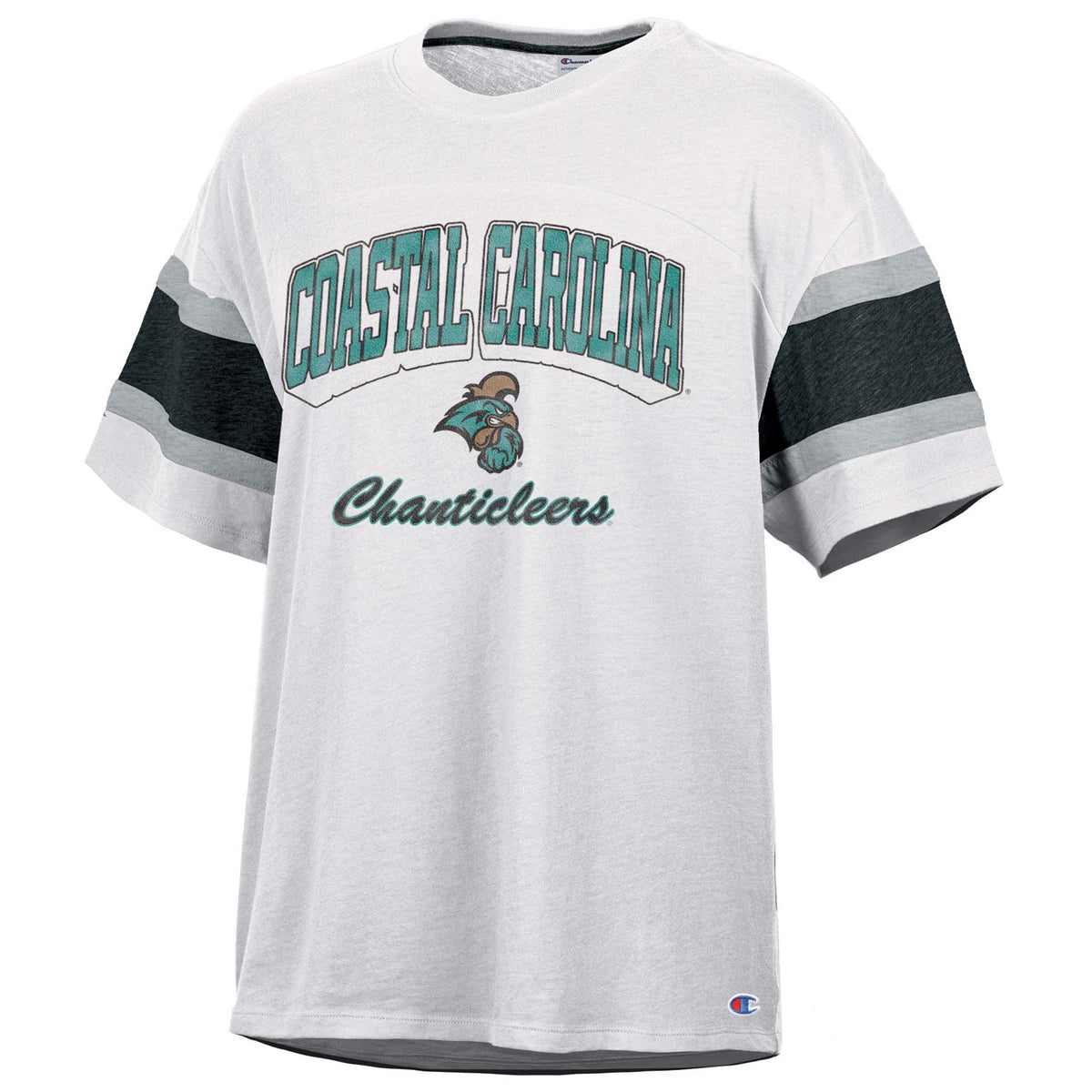 Women's white Coastal Carolina Chanticleers t-shirt with teal "COASTAL CAROLINA" text and chanticleer rooster logo on chest, featuring striped sleeves in teal, gray, and charcoal with Champion logo