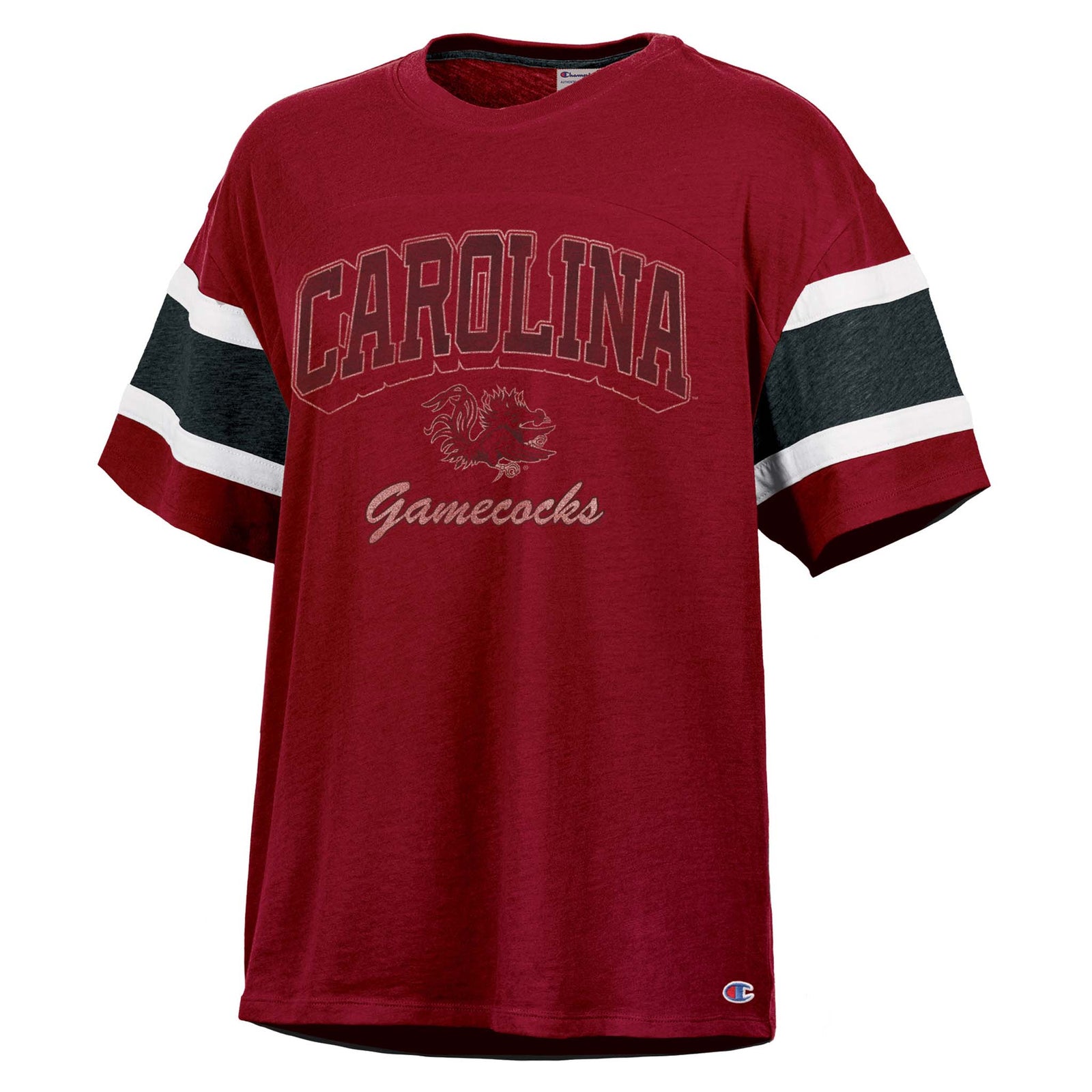 Women's garnet red Carolina Gamecocks t-shirt with "CAROLINA" text and gamecock logo on chest, featuring black and white striped sleeves and Champion logo