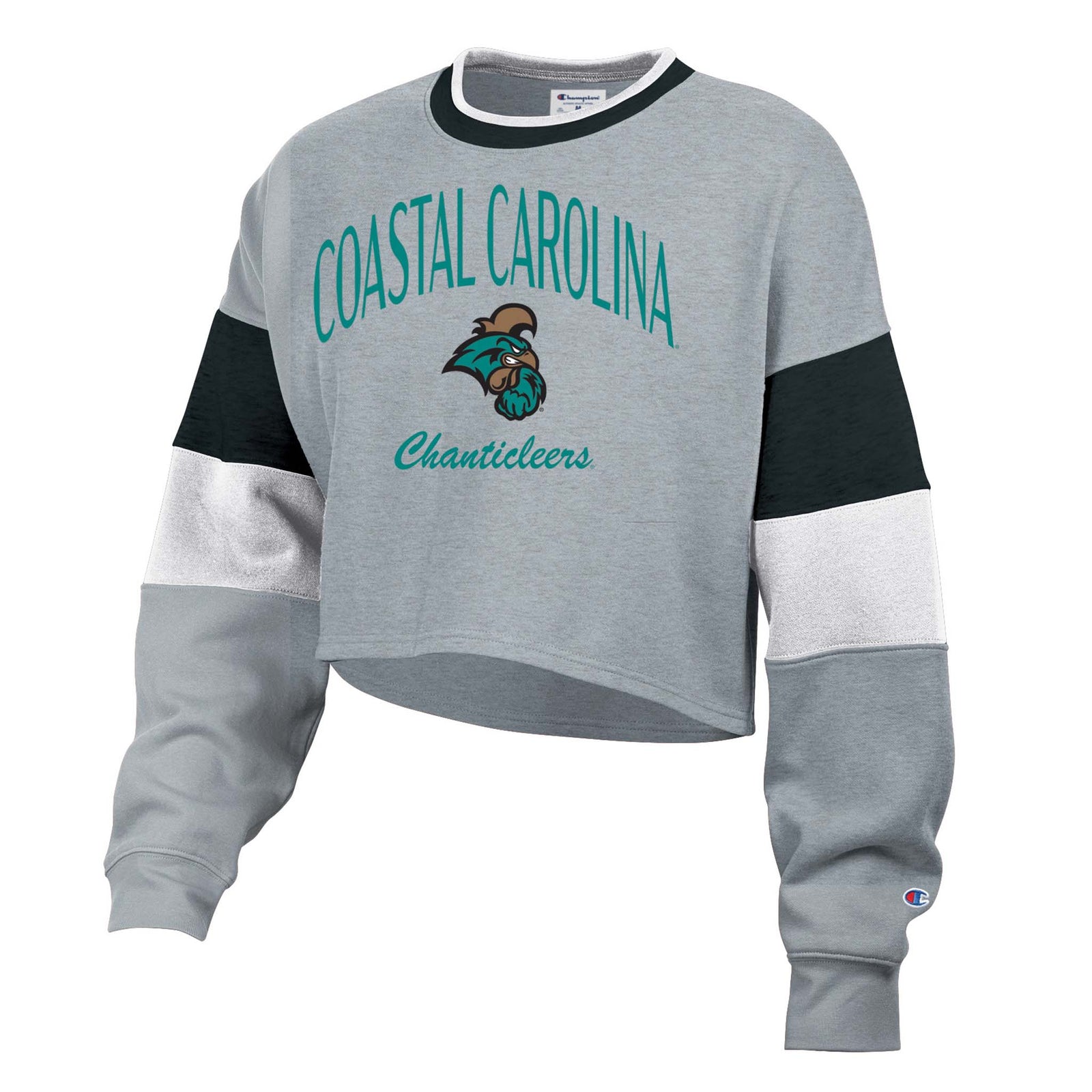 Women's heather gray cropped long sleeve Coastal Carolina Chanticleers crewneck sweatshirt with teal "COASTAL CAROLINA" text and chanticleer rooster logo on chest, featuring striped sleeves in teal, charcoal, and white with Champion logo