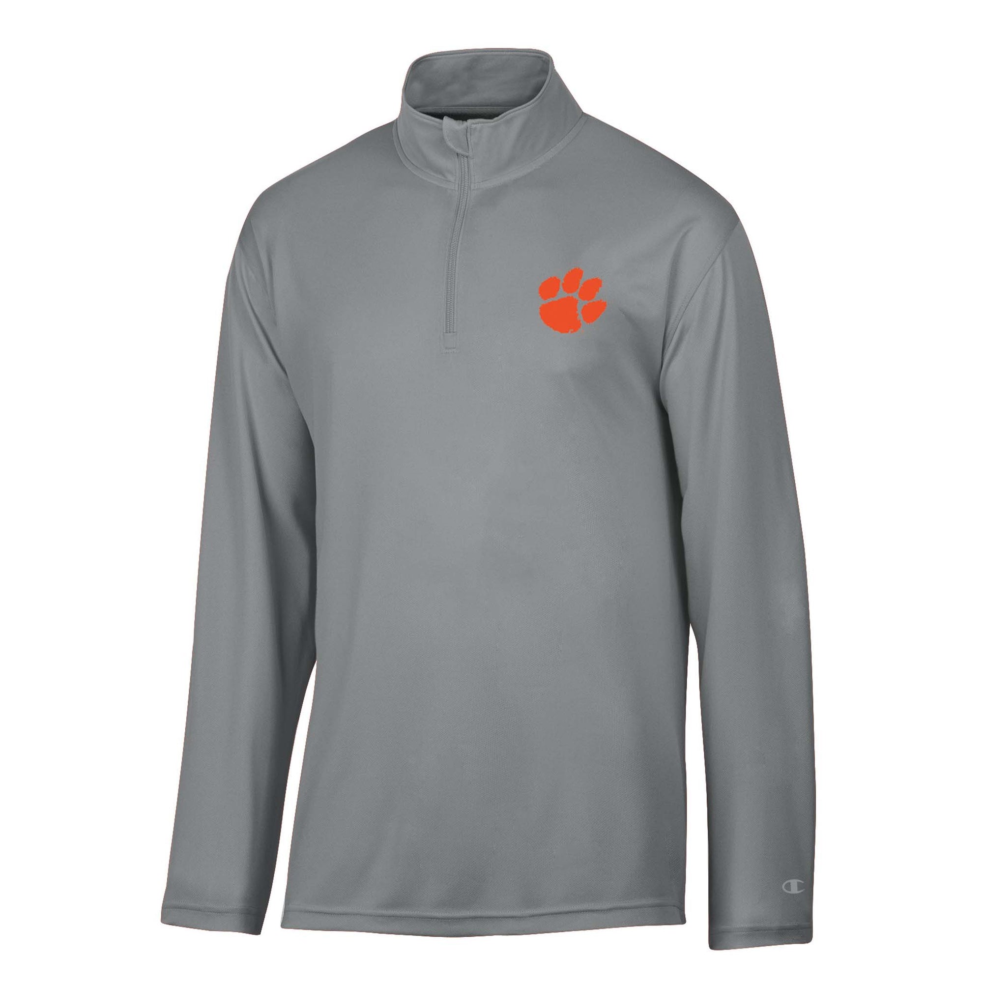 Clemson men’s grey quarter-zip pullover with long sleeves and orange paw logo on chest.