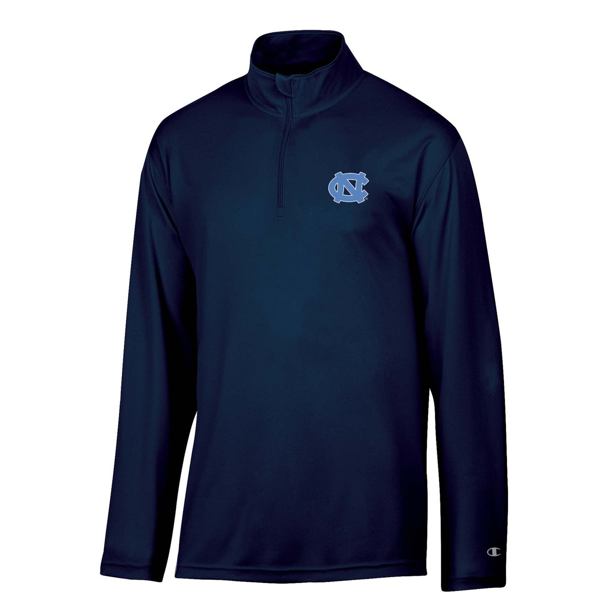 UNC Tar Heels men’s navy quarter-zip pullover with embroidered Carolina blue interlock UNC logo on chest and long sleeves.