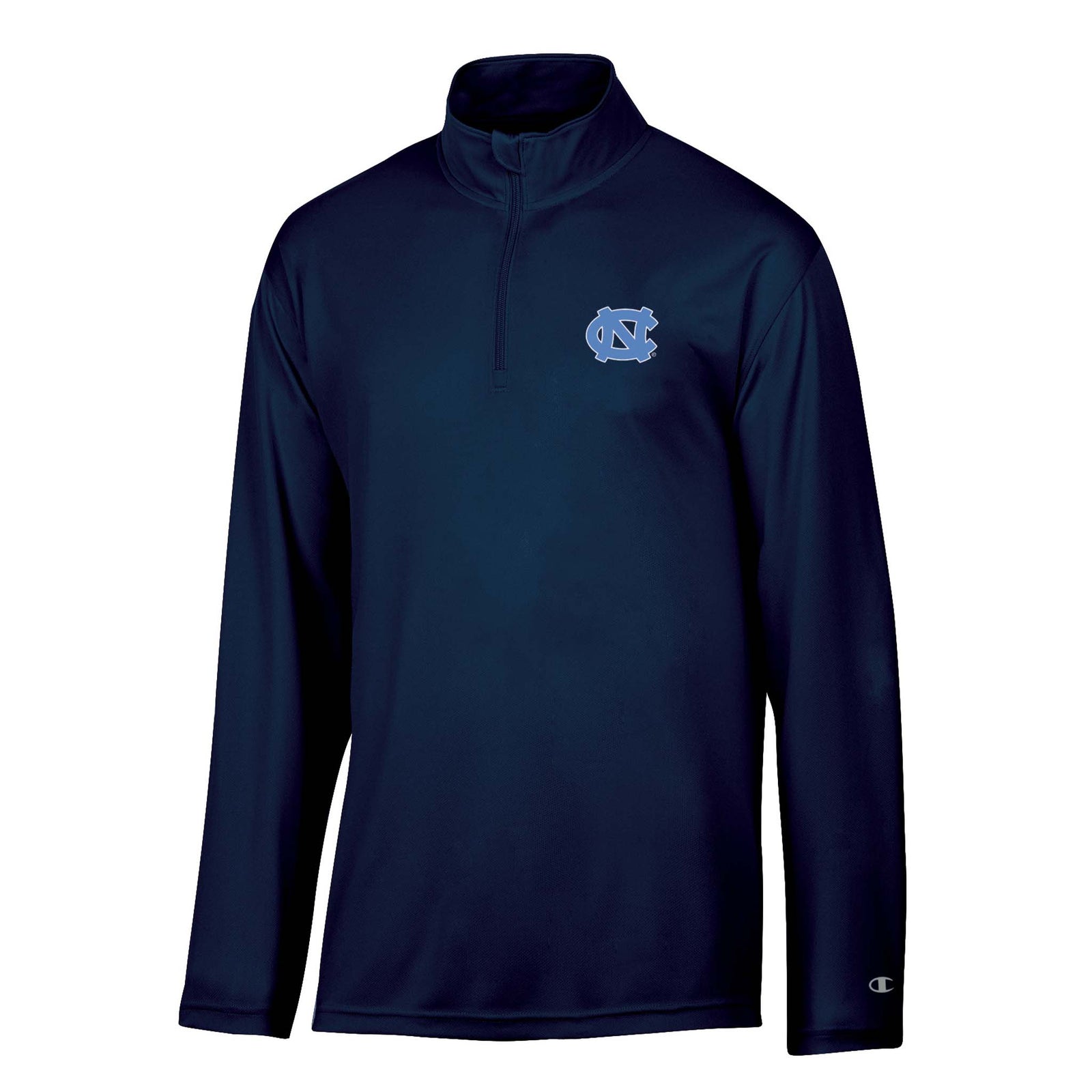 UNC Tar Heels men’s navy quarter-zip pullover with embroidered Carolina blue interlock UNC logo on chest and long sleeves.