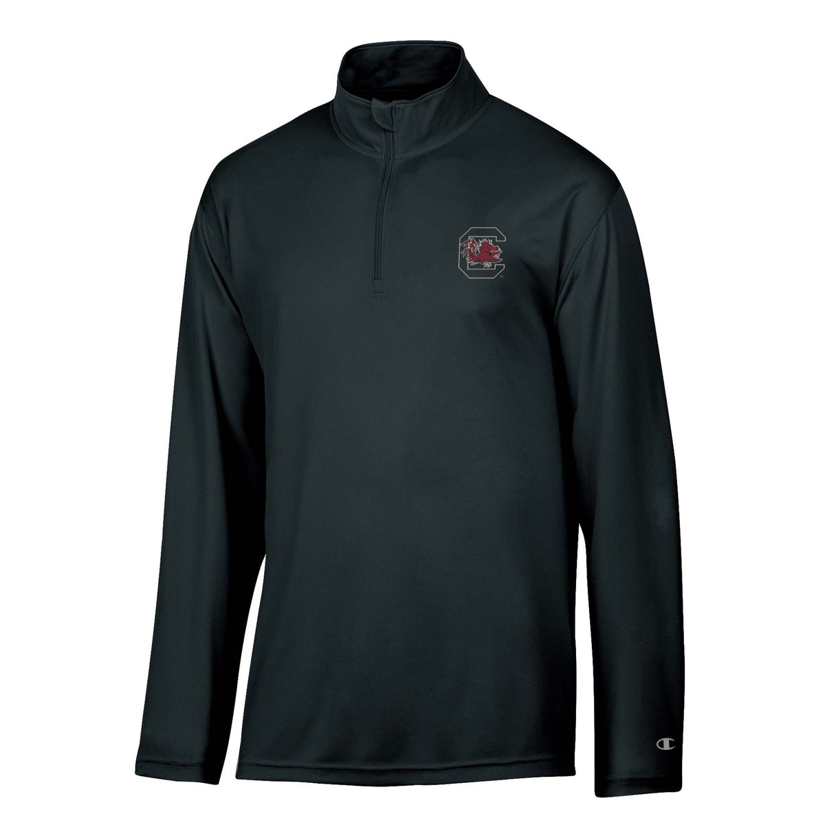 Black Champion quarter-zip pullover with South Carolina Gamecocks logo on left chest and Champion “C” logo on sleeve.