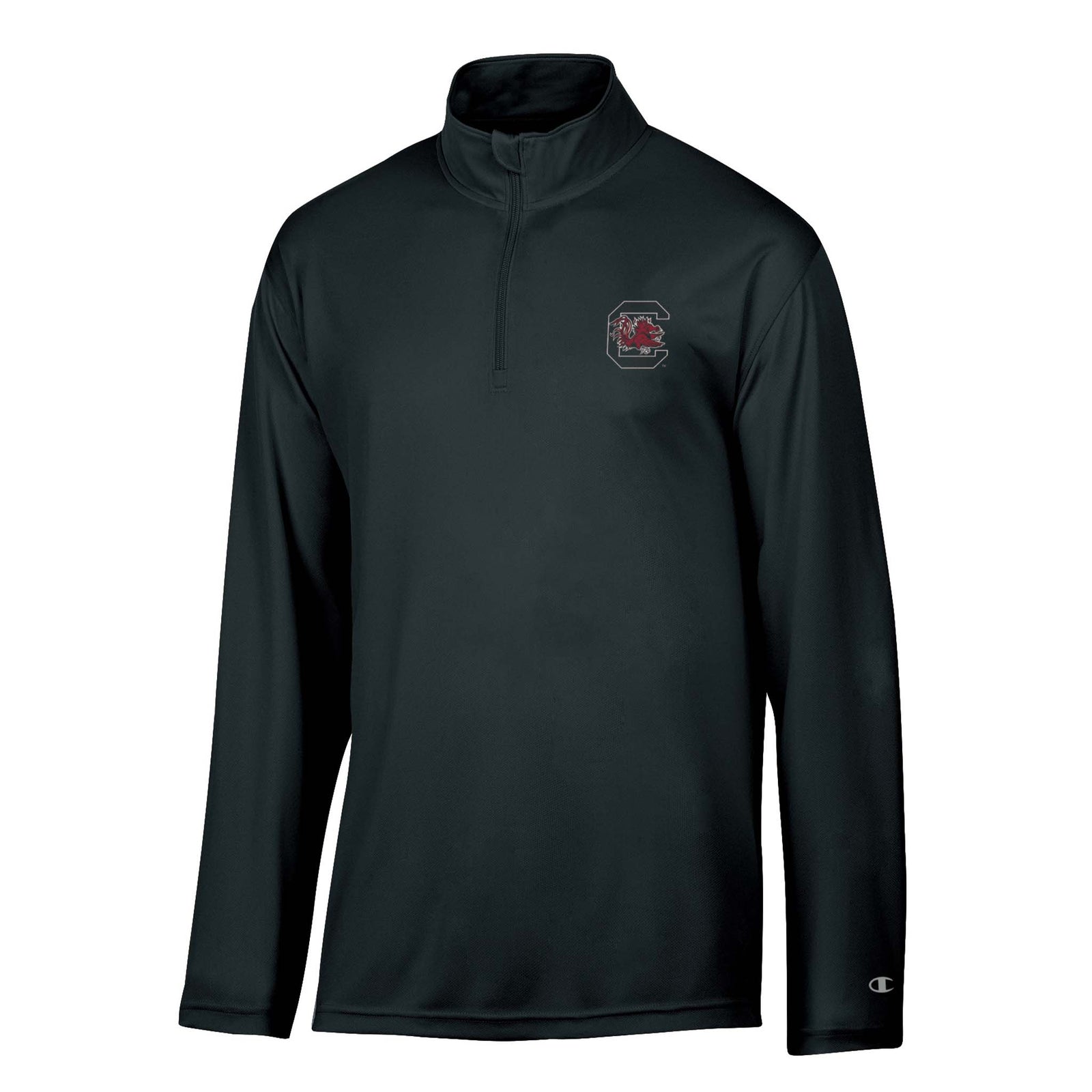 Black Champion quarter-zip pullover with South Carolina Gamecocks logo on left chest and Champion “C” logo on sleeve.