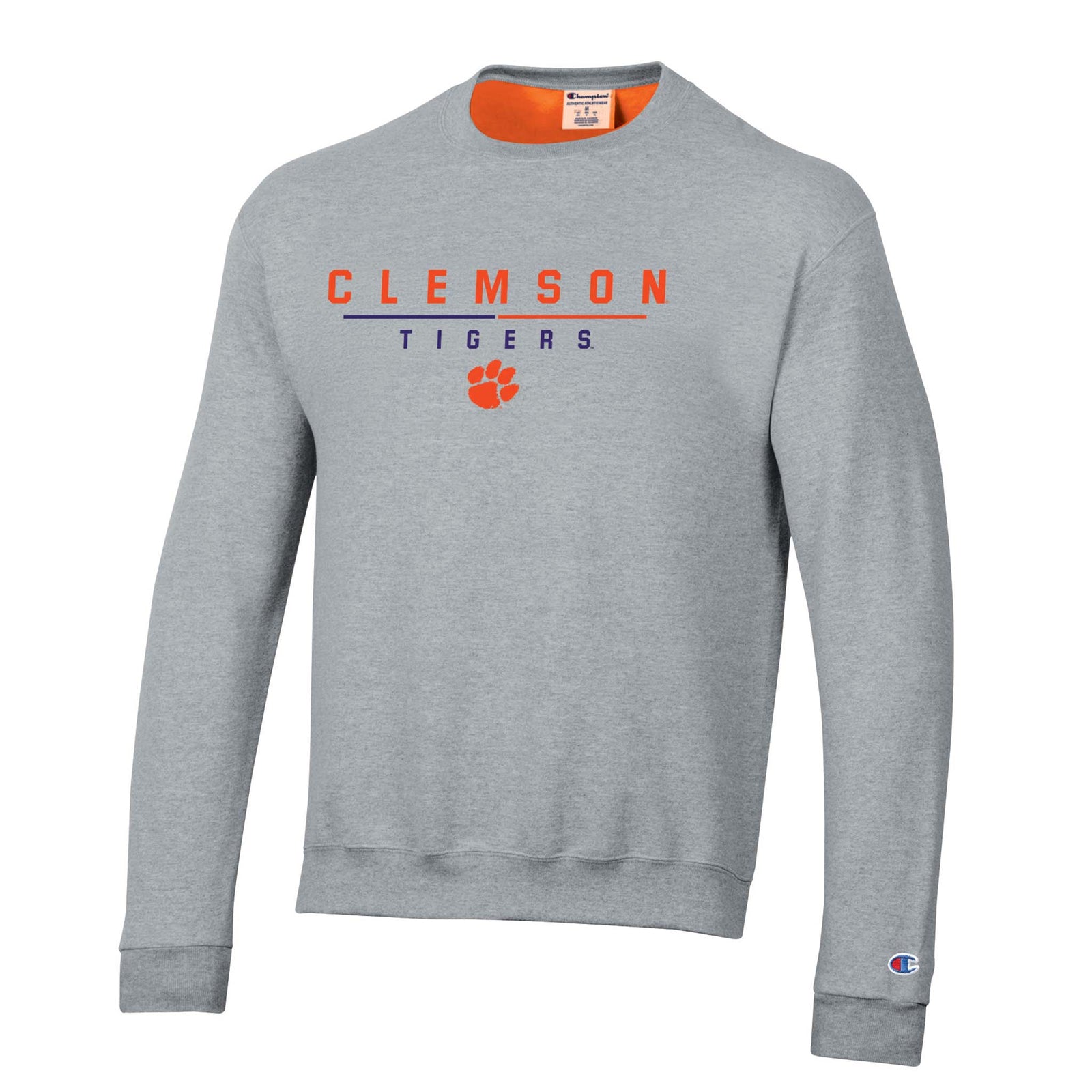 Grey Champion crewneck sweatshirt with “Clemson Tigers” text and orange Tiger Paw logo, finished with Champion “C” logo on sleeve.