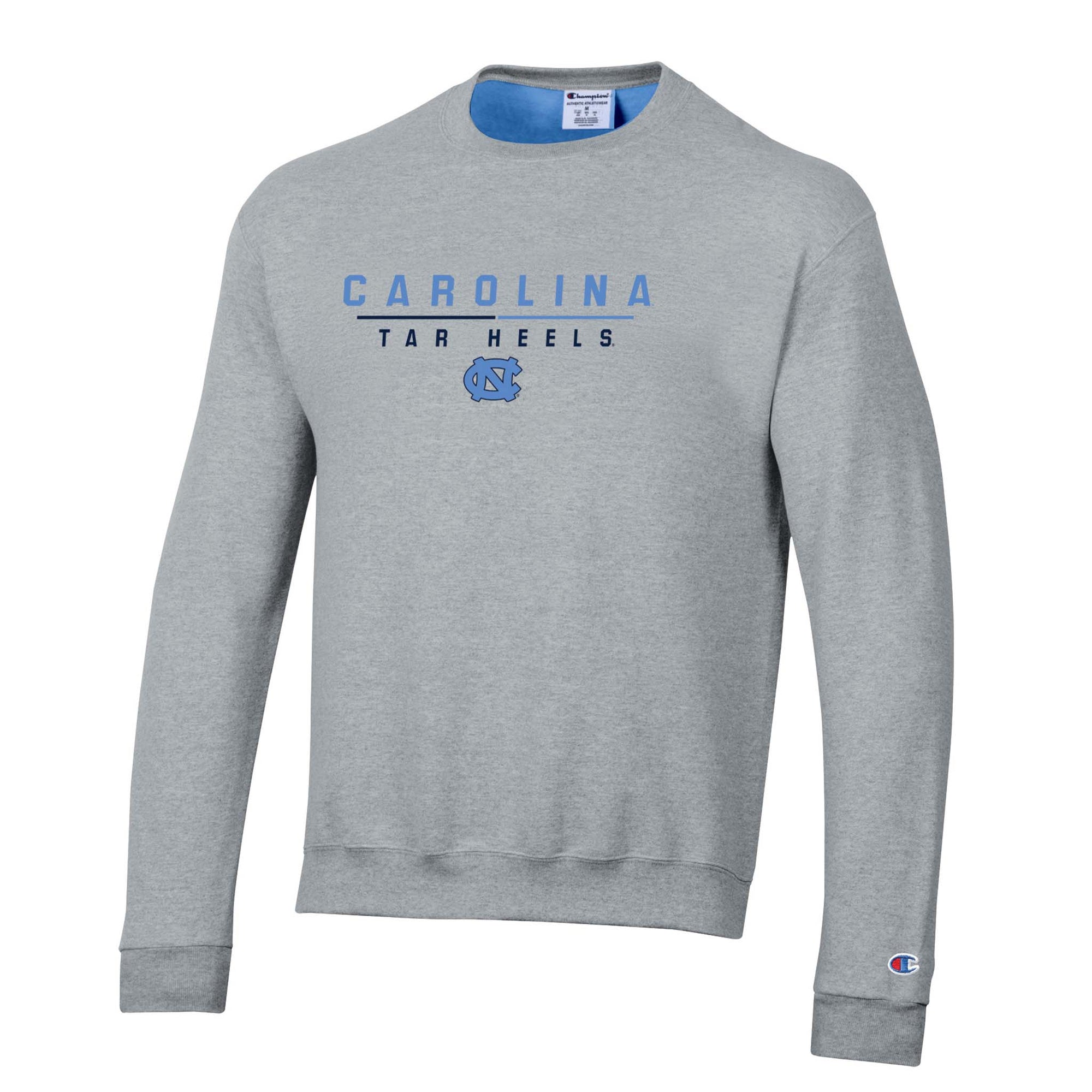 Grey Champion crewneck sweatshirt with “Carolina Tar Heels” text and NC logo in Carolina blue, finished with Champion “C” logo on sleeve.