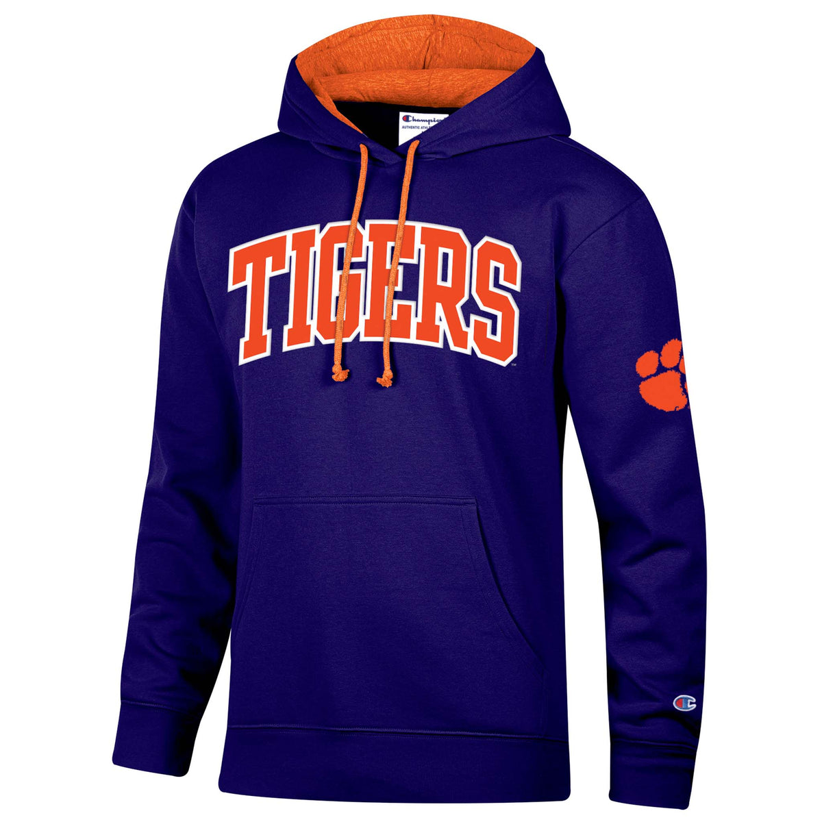 Purple hoodie with 'TIGERS' text and orange accents on a white background