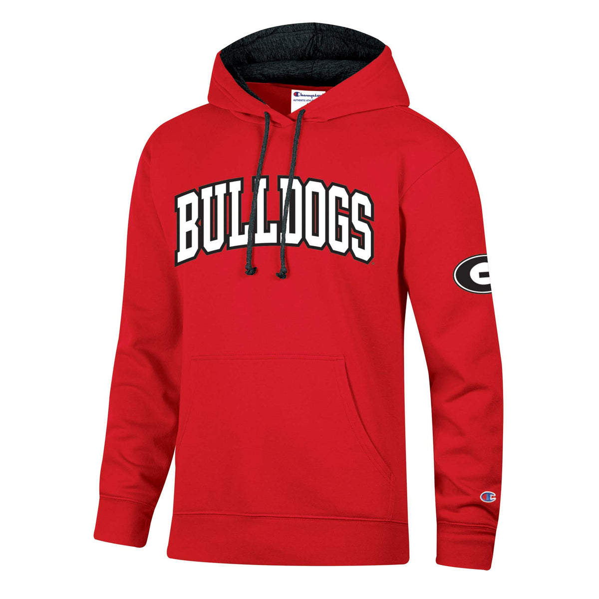 Red Champion Georgia Bulldogs hoodie with bold “Bulldogs” text on chest, Georgia “G” logo on sleeve, kangaroo pocket, and Champion “C” logo on cuff.