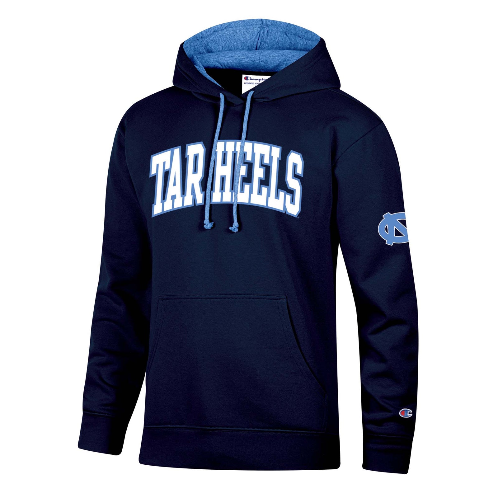 Navy Champion North Carolina Tar Heels hoodie with “Tar Heels” text on chest, NC logo on sleeve, kangaroo pocket, and Champion “C” logo on cuff.