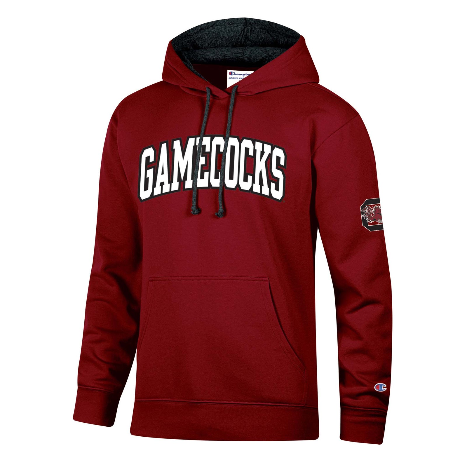 Garnet Champion South Carolina Gamecocks hoodie with bold “Gamecocks” text on chest, team logo on sleeve, kangaroo pocket, and Champion “C” logo on cuff.