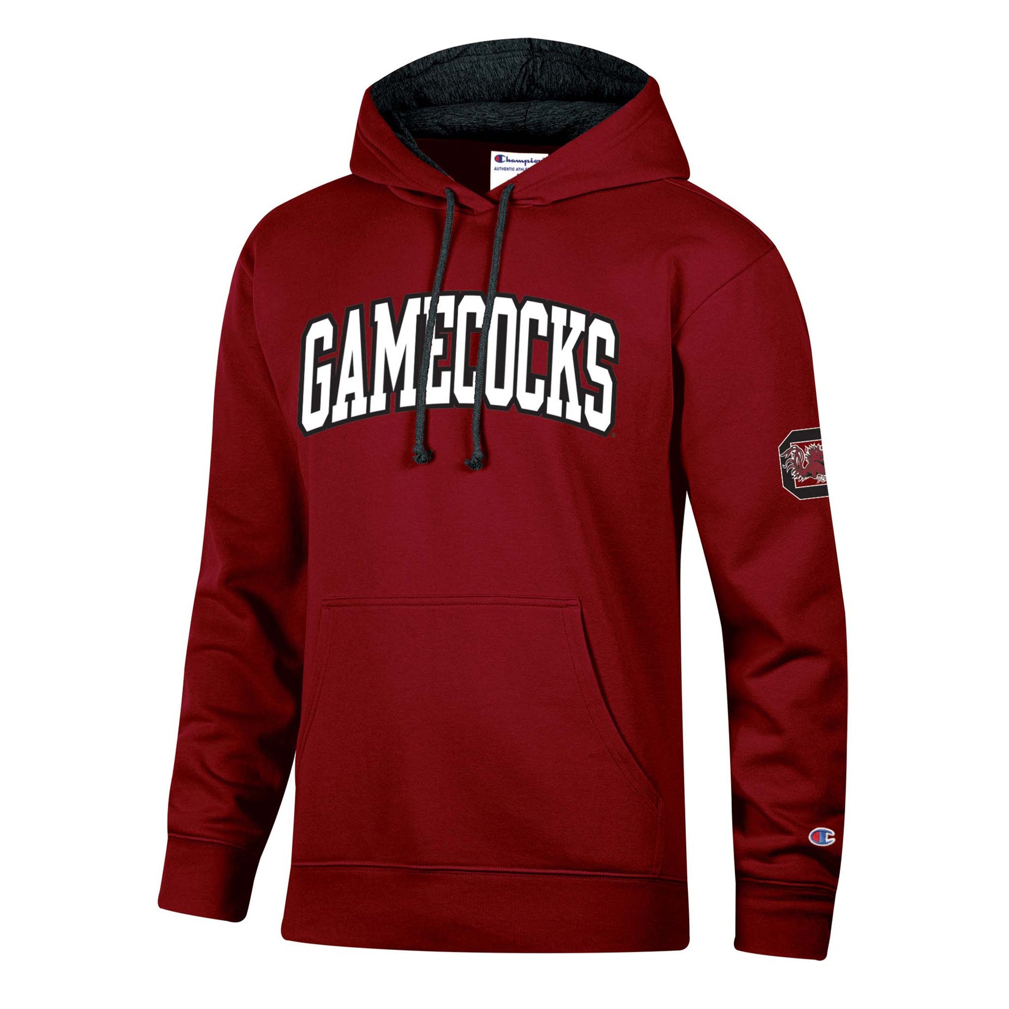 Garnet Champion South Carolina Gamecocks hoodie with bold “Gamecocks” text on chest, team logo on sleeve, kangaroo pocket, and Champion “C” logo on cuff.