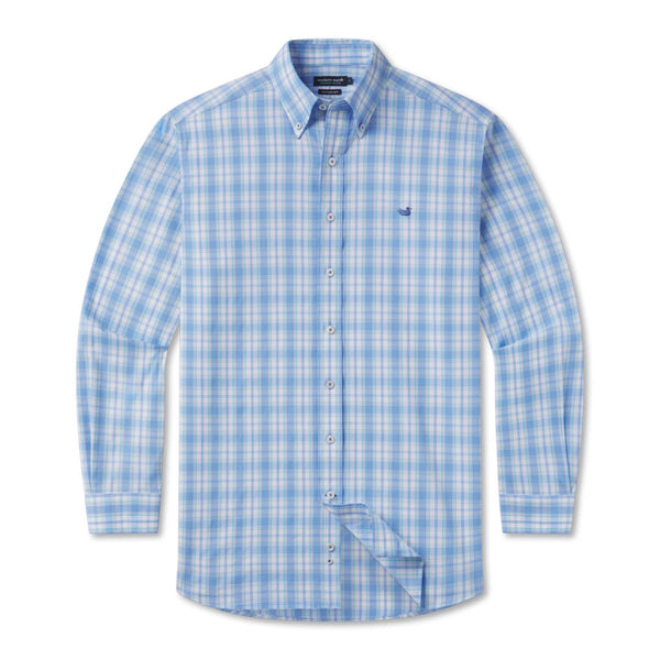 Benton Performance Plaid Dress Shirt in Light Blue and Mint