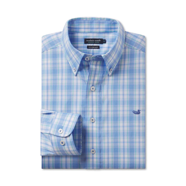 Benton Performance Plaid Dress Shirt in Light Blue and Mint