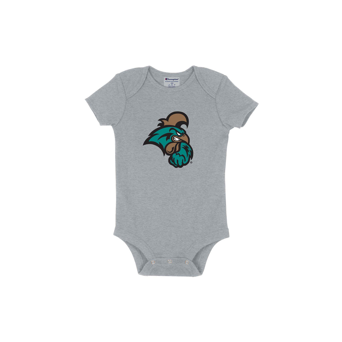 Grey infant bodysuit with the Coastal Carolina Chanticleers logo featuring a teal and brown Chanticleer mascot on the front.