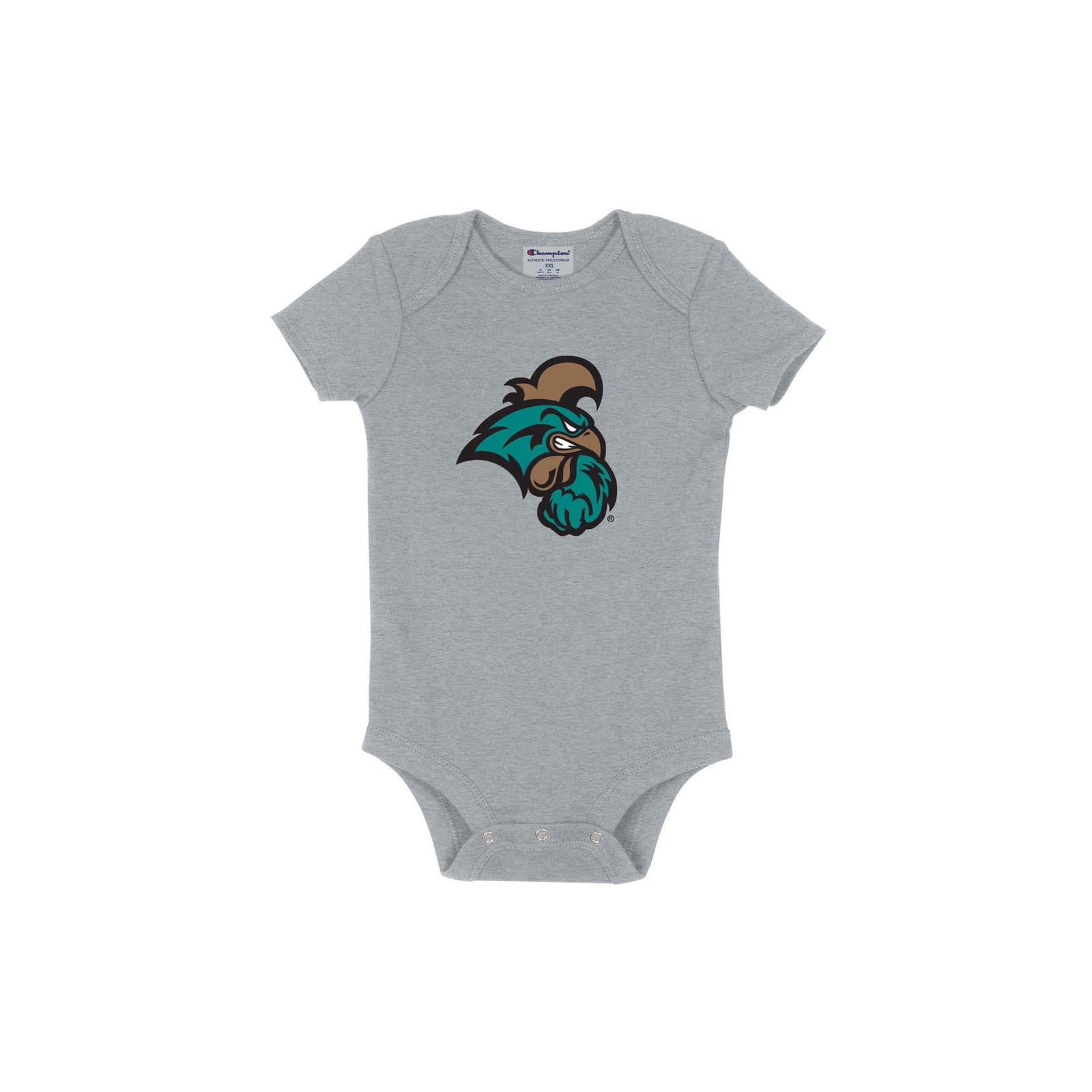 Grey infant bodysuit with the Coastal Carolina Chanticleers logo featuring a teal and brown Chanticleer mascot on the front.