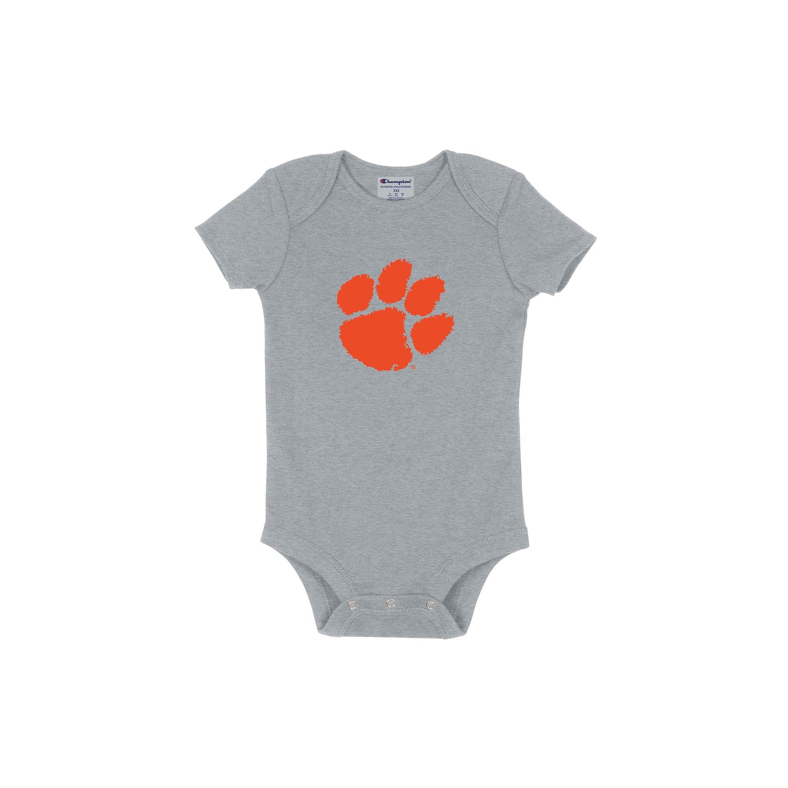 Gray baby bodysuit with orange paw print design on a white background