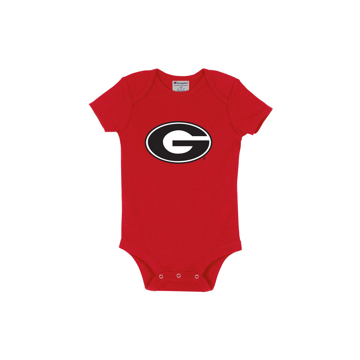 Red baby bodysuit with a black and white logo on a white background