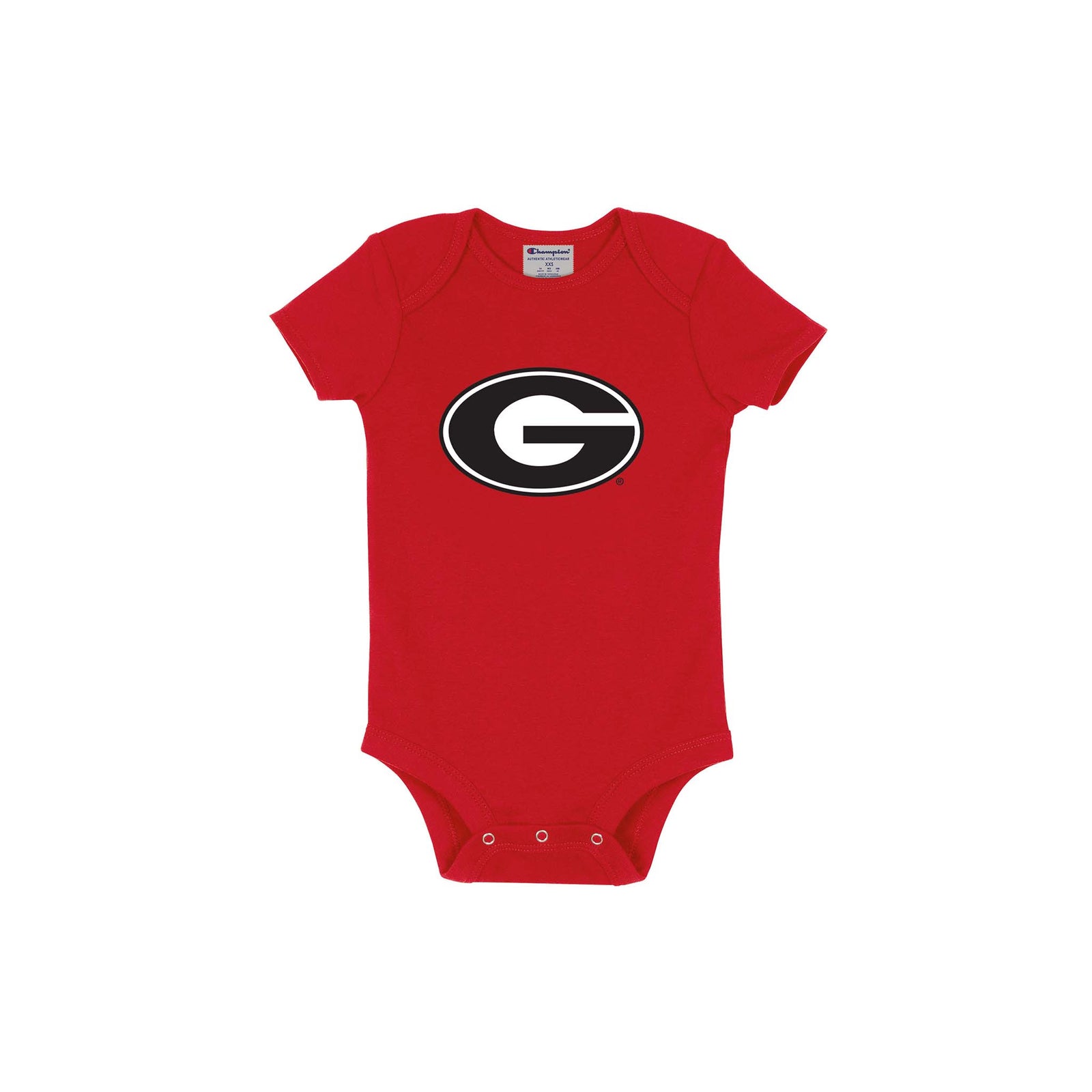 Red baby bodysuit with a black and white logo on a white background