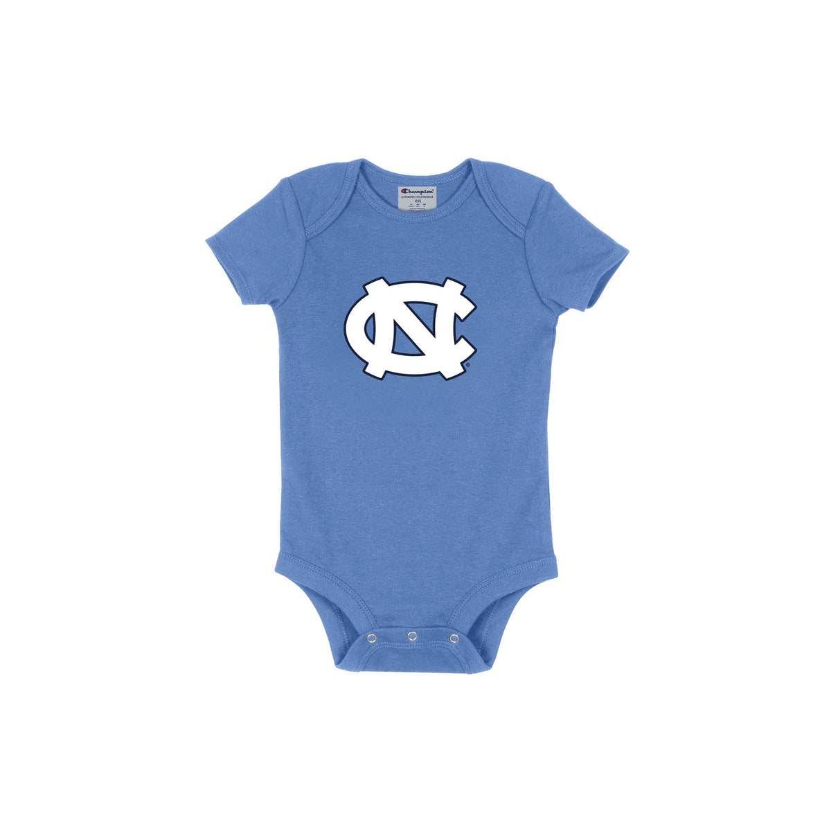 Blue baby bodysuit with a white logo on a white background
