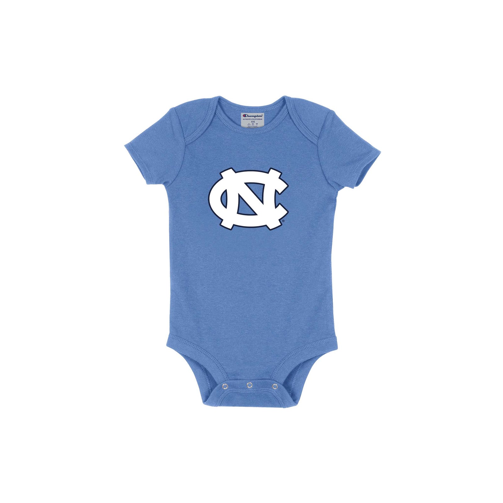 Blue baby bodysuit with a white logo on a white background