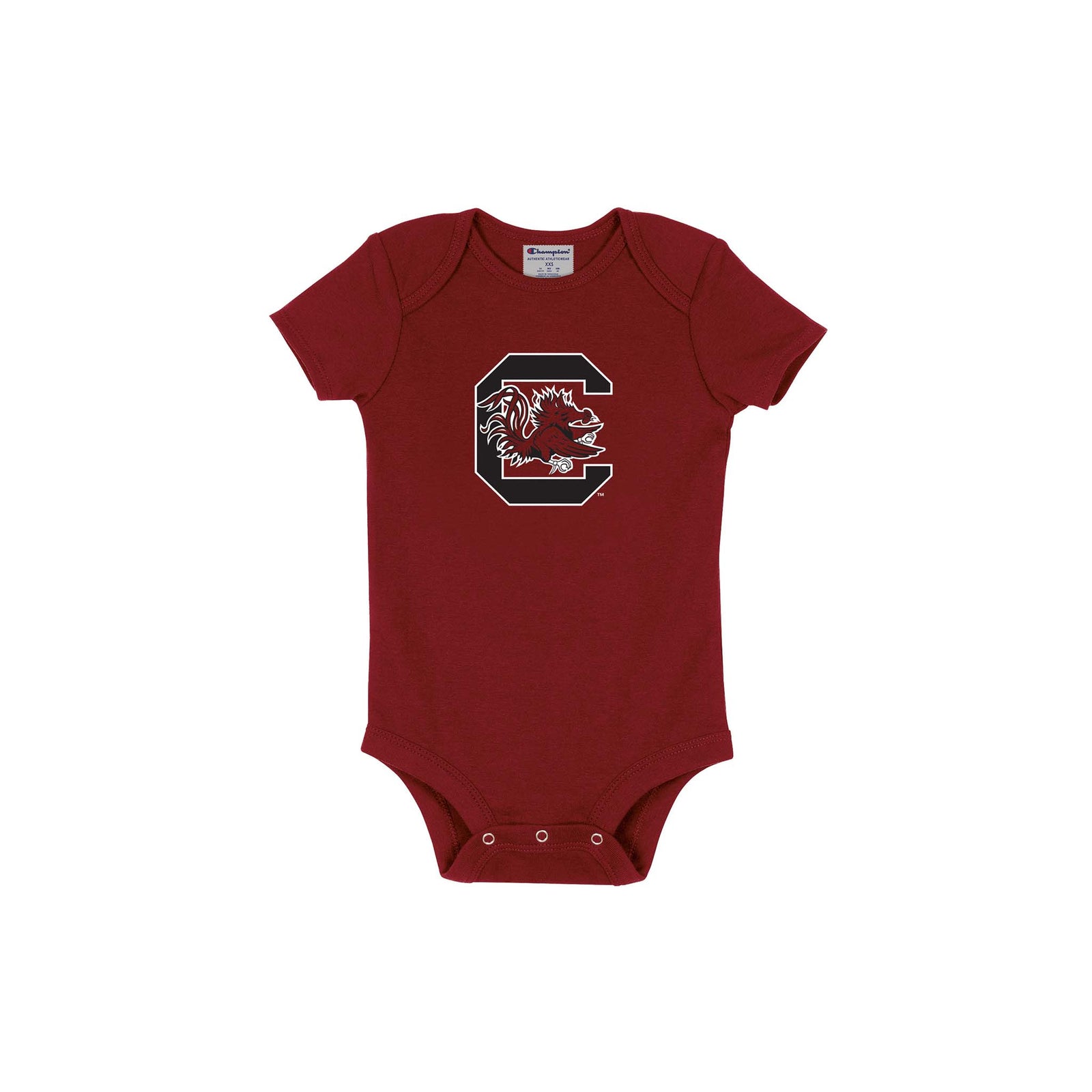 Red baby bodysuit with the USC logo on a white background