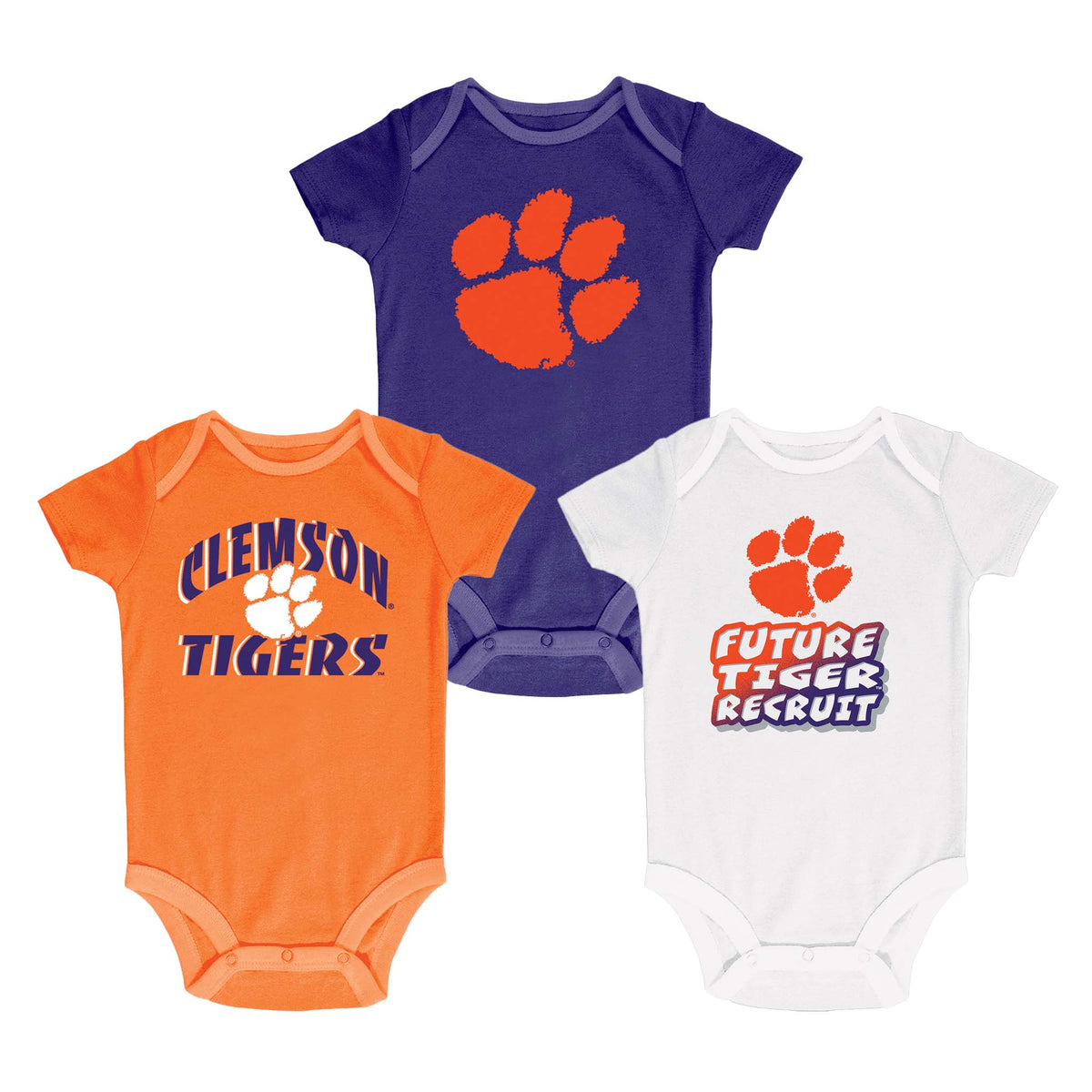 Three Clemson infant bodysuits in orange, purple, and white with designs including the paw logo, “Clemson Tigers,” and “Future Tiger Recruit” text.