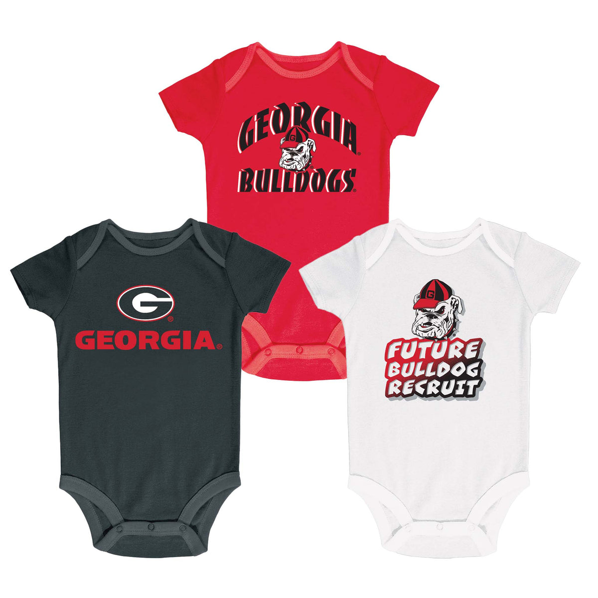 Three Georgia Bulldogs infant bodysuits in black, red, and white with logos including “Georgia,” Uga mascot, and “Future Bulldog Recruit” text.