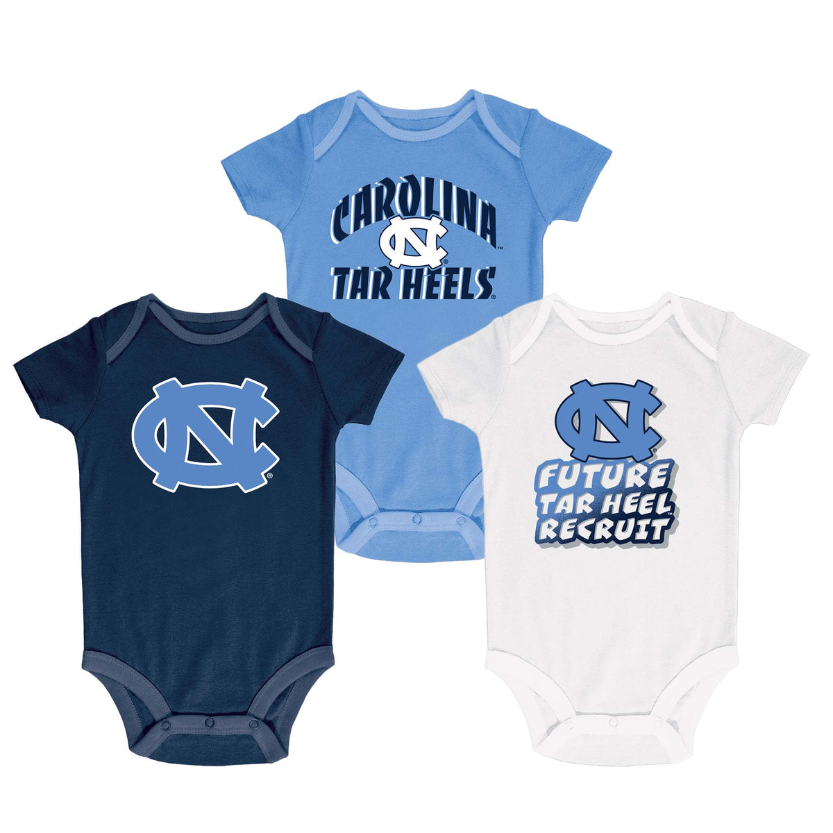 Three UNC Tar Heels infant bodysuits in navy, Carolina blue, and white with designs including the NC logo, “Carolina Tar Heels,” and “Future Tar Heel Recruit.”